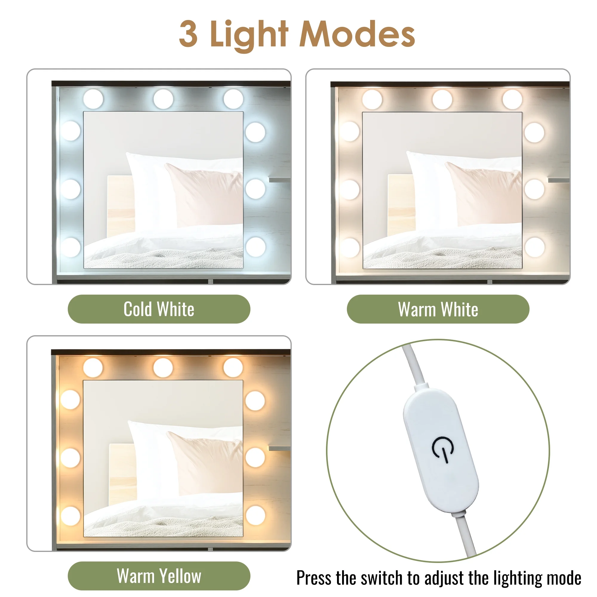 Alvantor Vanity Set Farmhouse Makeup Desk with Mirror and Lights, Adjustable Dressing Table with Stool White