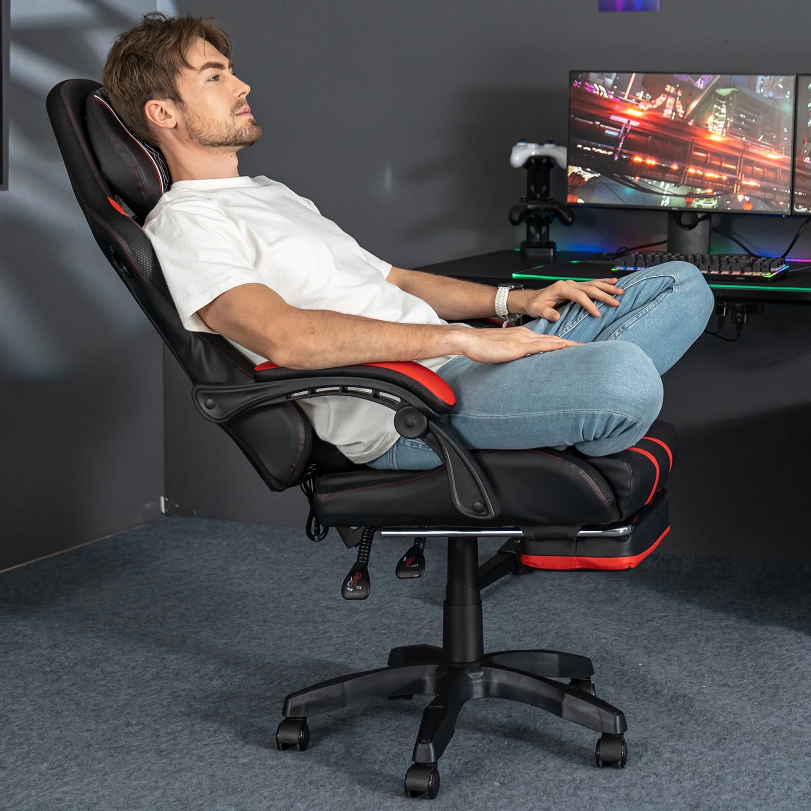 Hoffree Gaming Chair with Bluetooth Speakers Big and Tall Gamer Chair with Footrest and Massage Game Chair with Lumbar Support and 360-Swivel Seat and Headrest for Adults, 400lbs