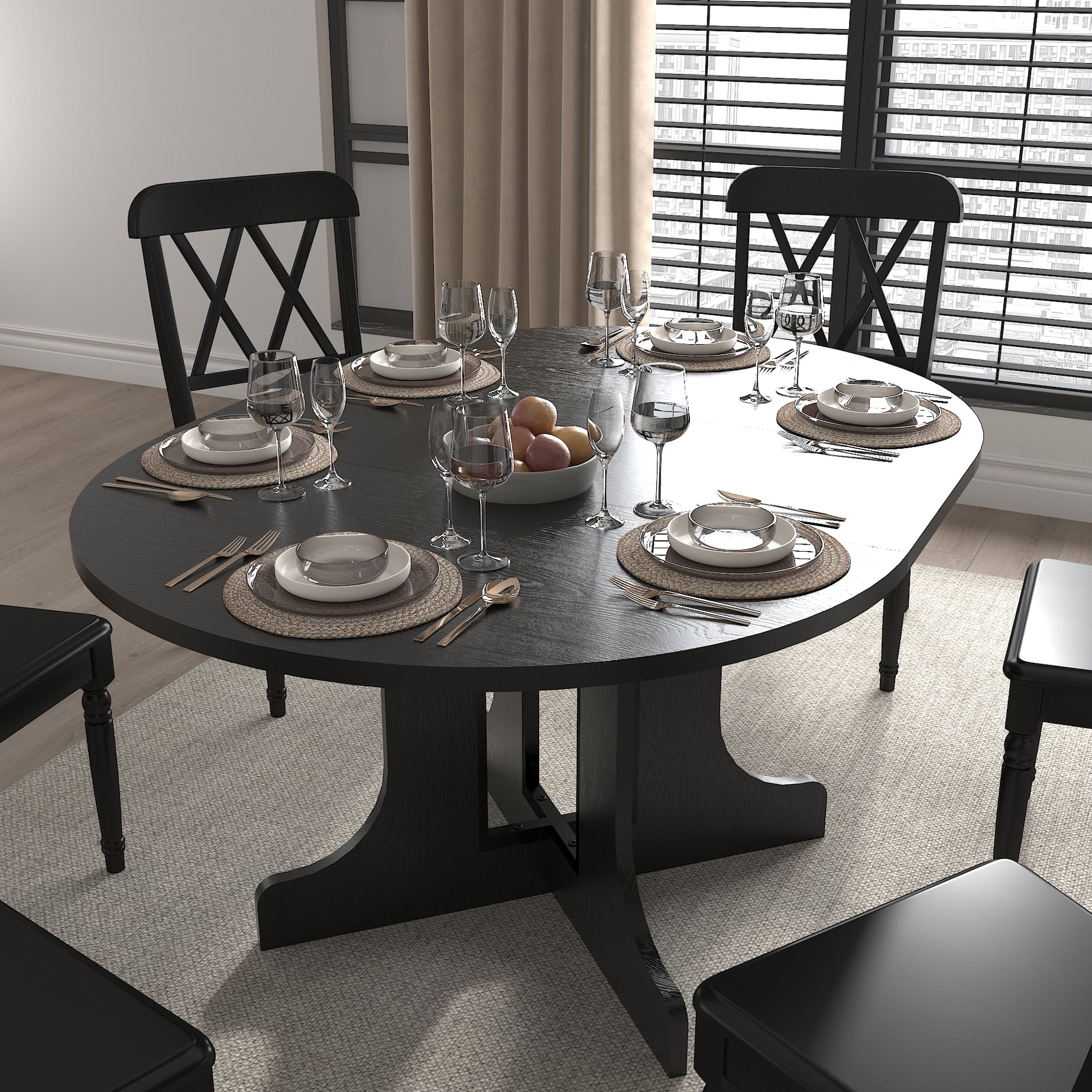 Oval Dining Table In Black For Kitchen Use, 59x43 Inch Expandable, Removable Leaf, Trestle X Base, Seats 6 Table, Shaped Construction,