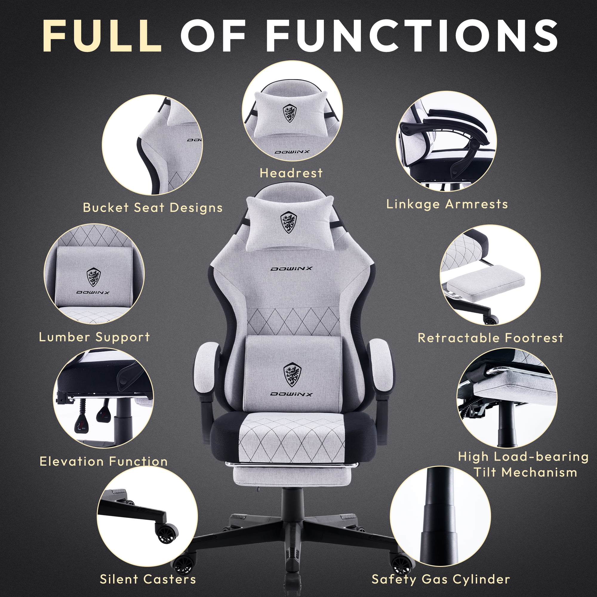 Dowinx Fabric Gaming Chair with Massage Lumbar Support, High Back Ergonomic Computer Chair with Footrest for Adult, Black