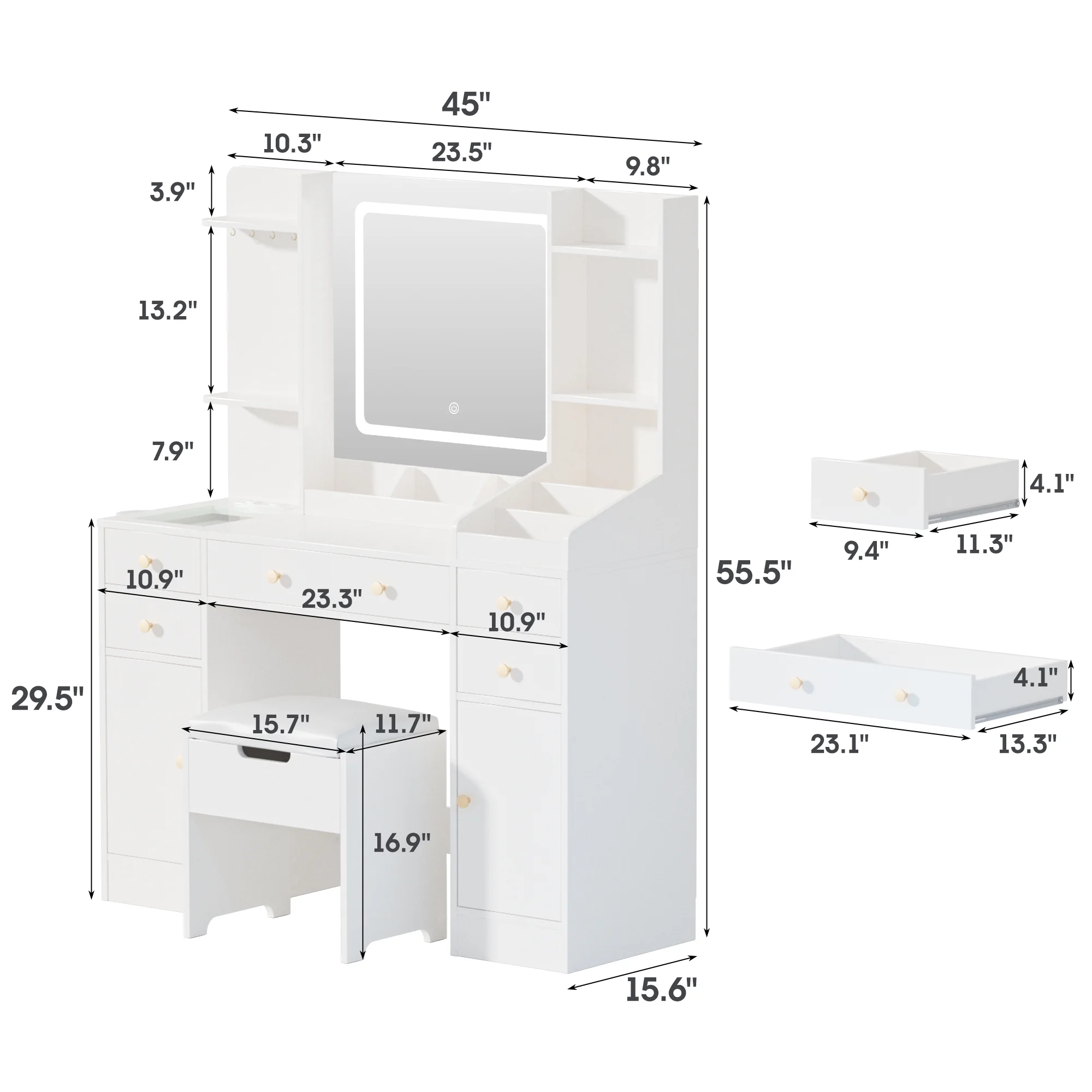 Vanity Set with Mirror and Lights, Makeup Table with Charging Station,5 Drawers & Storage Shelves, White