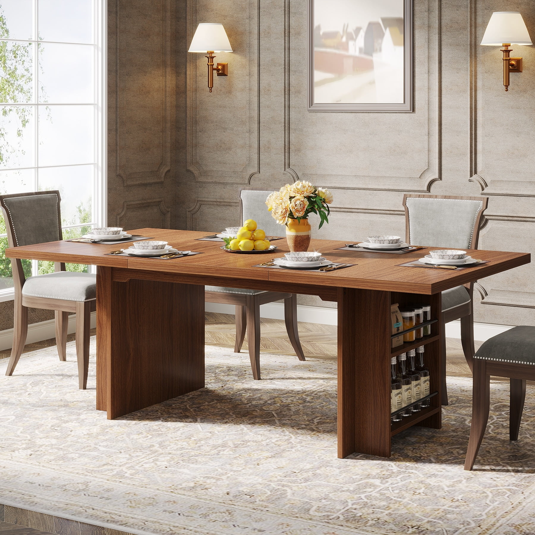 63-in Large Executive Desk, Home Office Desk Large Computer Writing Table with Storage Walnut