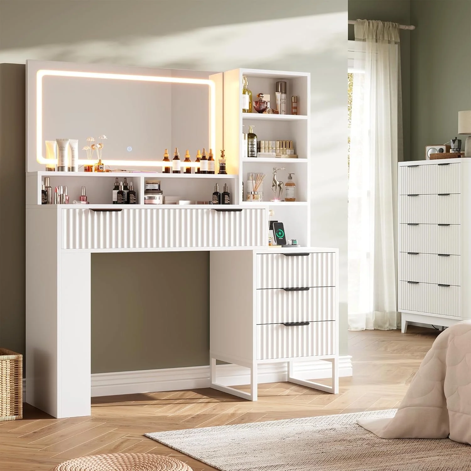 Vanity Table Set with Mirrors and Adjustable Lights ,Makeup vanity With Power Outlet for Bedroom Dressing Room,White