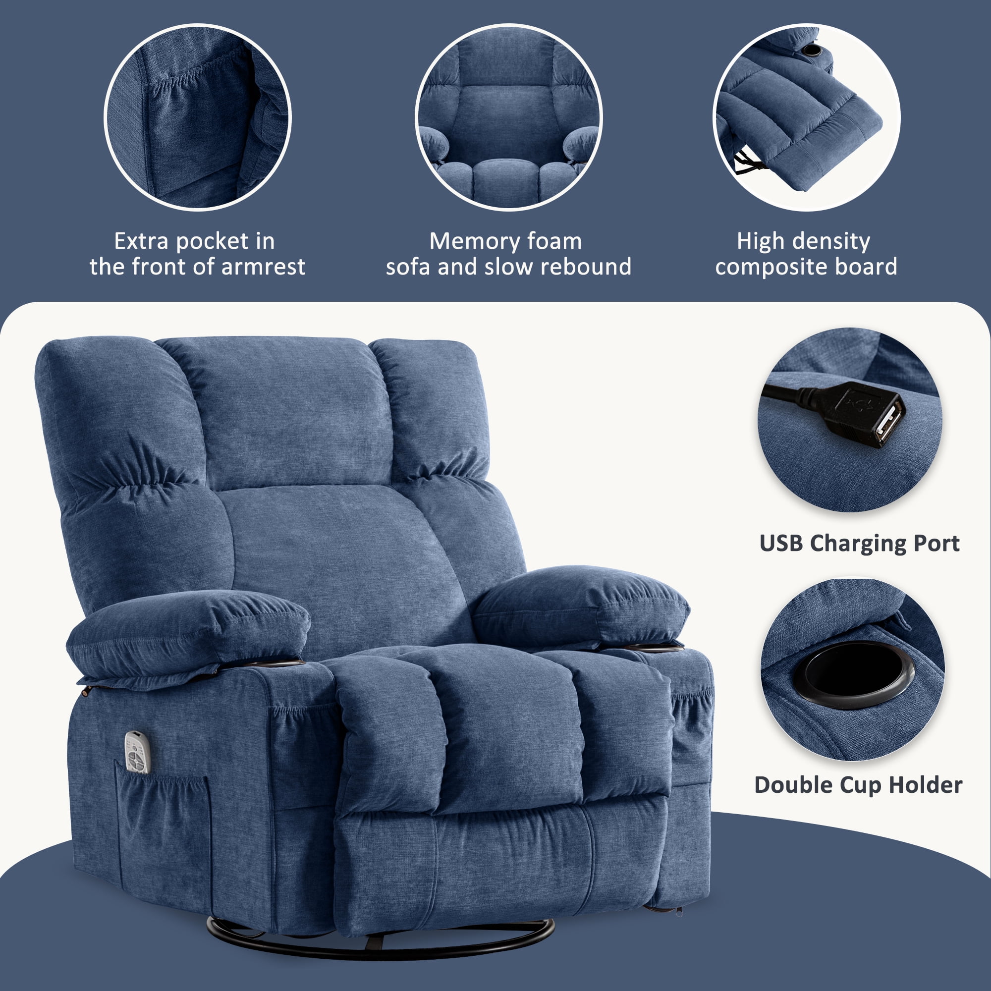 JONPONY Manual Recliner Chair with Heat Therapy and Massage Function, Heavy Duty Reclining Mechanism Massage Chair, Elderly Single Rocker Sofa with Cup Holders for Bedroom Home Theater,Grey