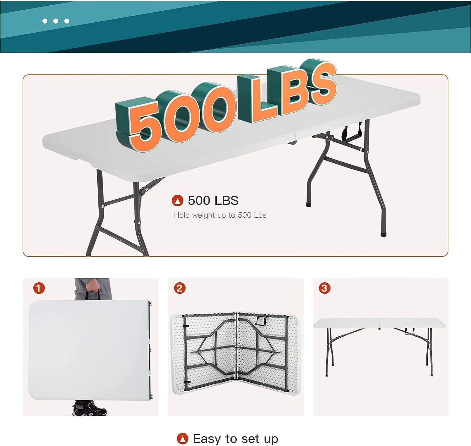 NiamVelo 6 ft Folding Table with Handle, Heavy Duty  Plastic Table Picnic Table Camping Table  Utility Party Dining Table for Indoor Outdoor, White