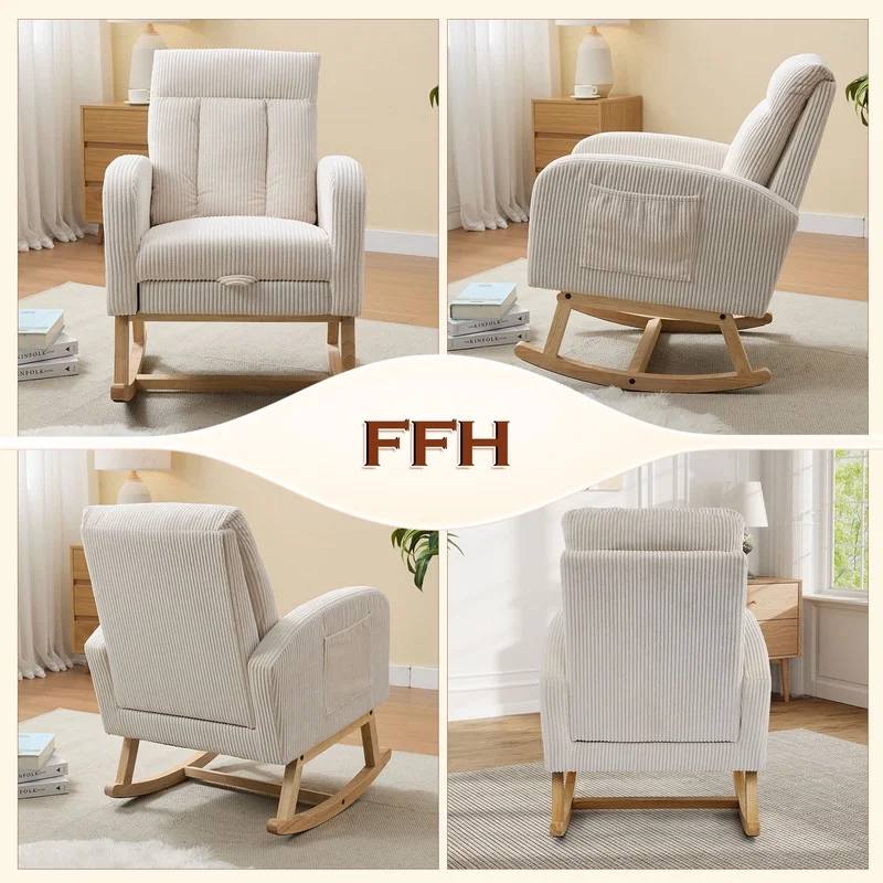 FFH Rocking Chair Nursery, Tufted Accent Rocker Chair, Upholstered Armchair with Adjustable Footrest, Side Pocket, High Backrest, Padded Seat, Polyester Blend (Retro, Dark Gray)