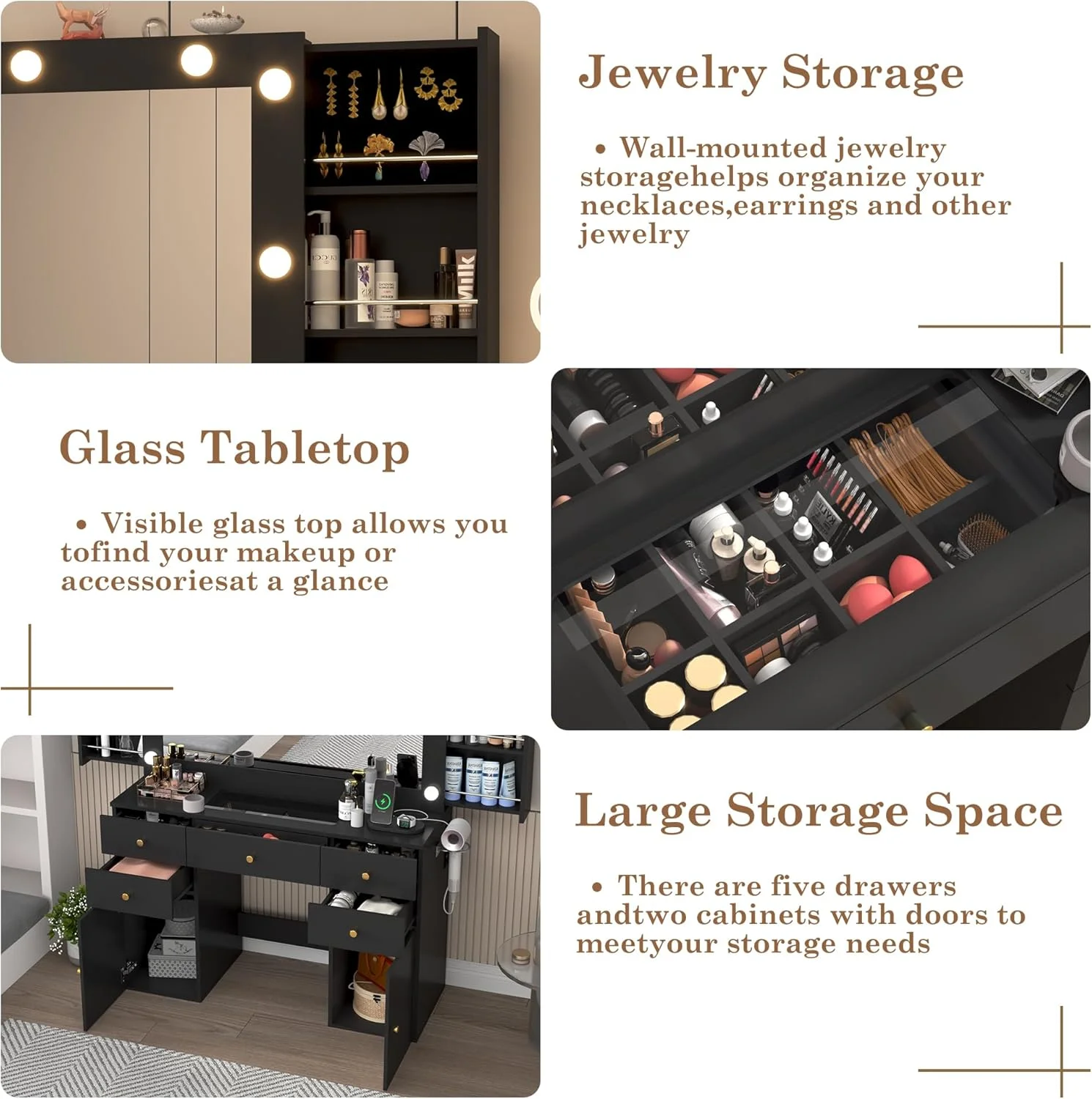 White Vanity Desk with Large Lighted Mirror & Power Outlet, Makeup Vanity Table with Glass Top & Drawers, Sliding Storage, 44.1