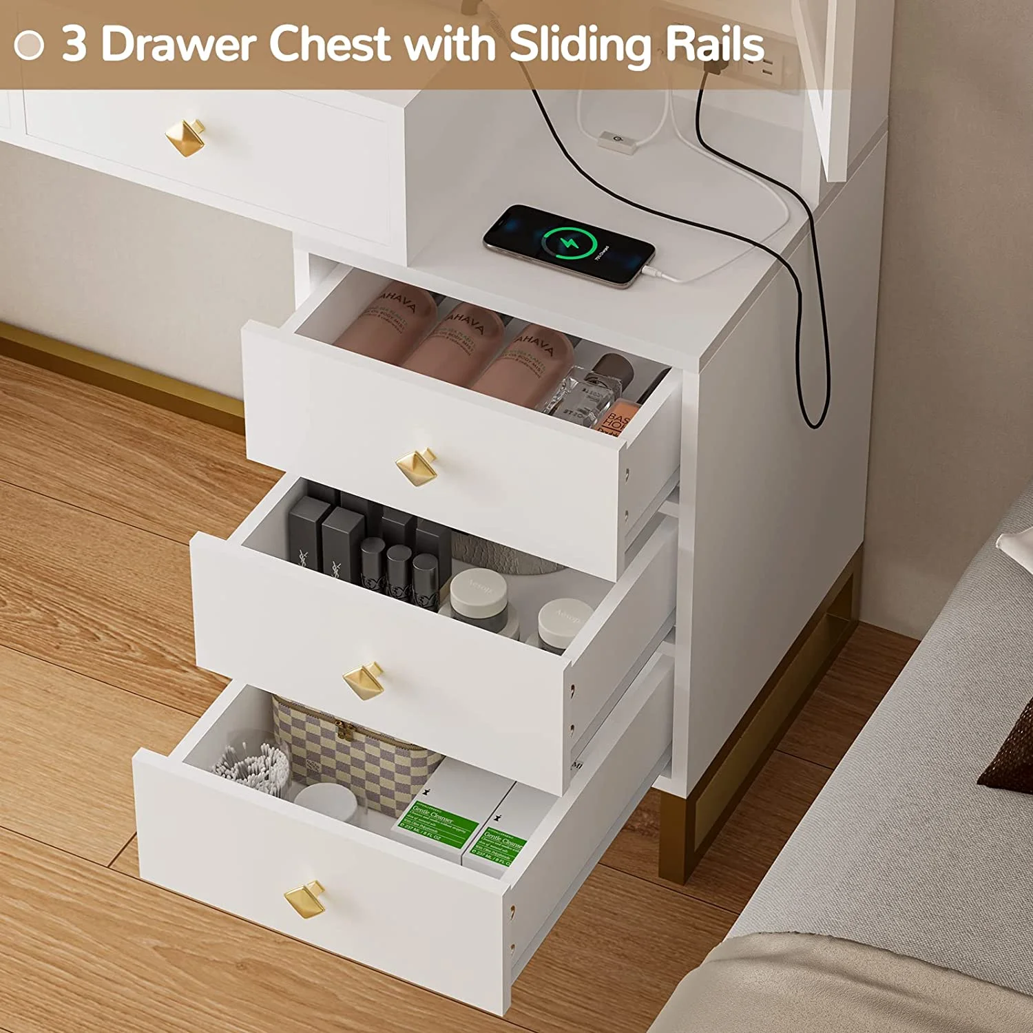 Afuhokles Large Makeup Vanity with Lights, Vanity Table with Charging Station Vanity Desk with Mirror and 10 LED Light Bulbs, 5 Drawers, White