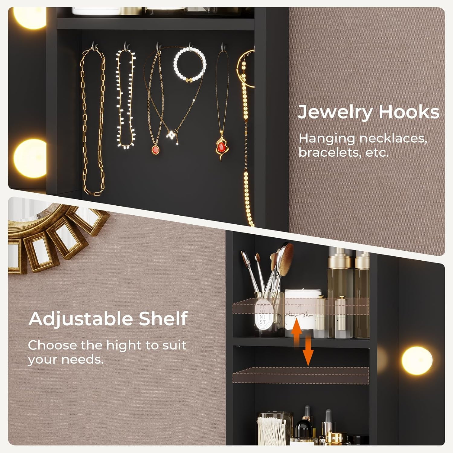 Makeup Vanity Desk with Lighted Mirror & Charging Stations & 6 Drawers Large Vanity Table Bedroom Dressing Table with Glass Tabletop&Side Cabinet&Glass Tabletop, Black