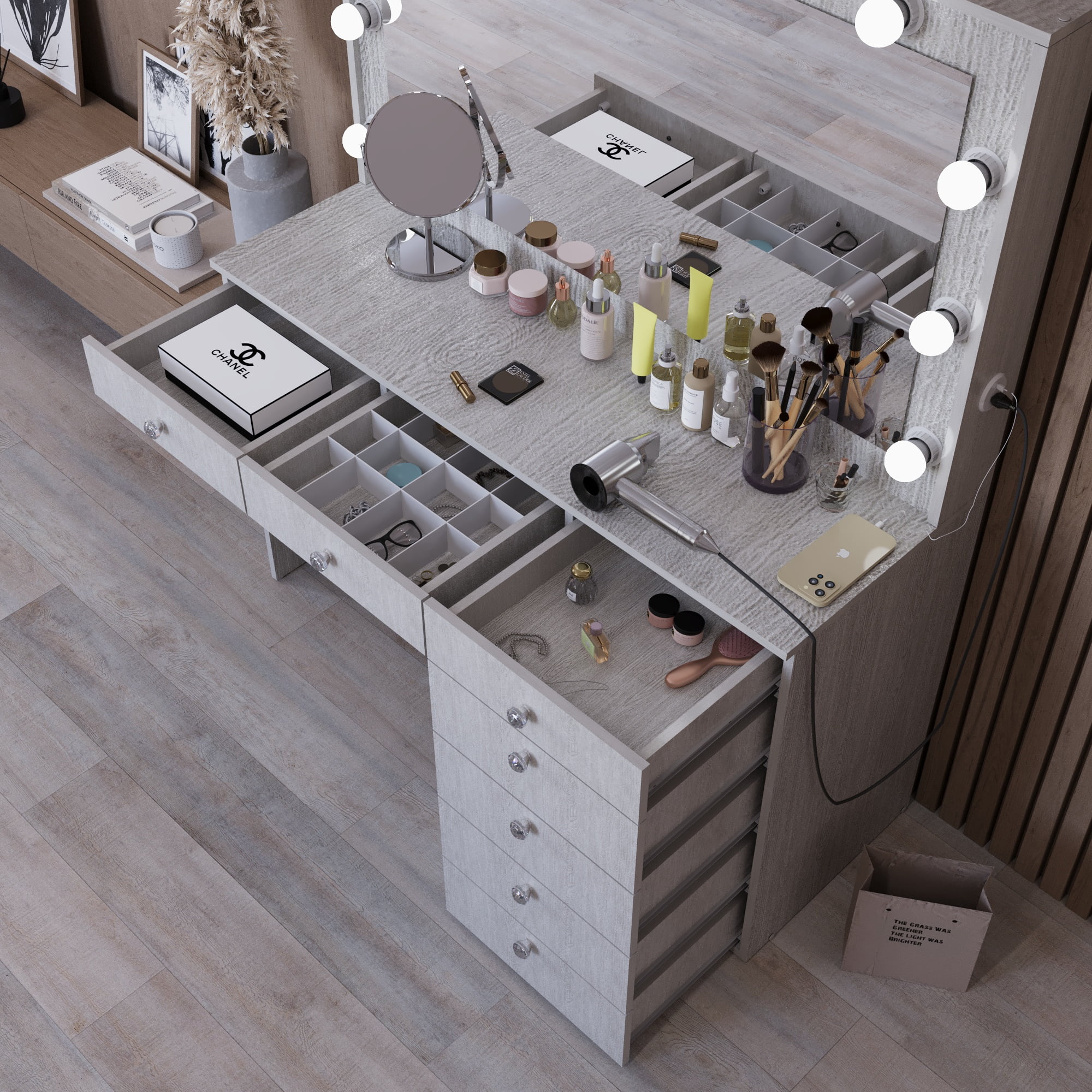 Boahaus GRWM Diana White Makeup Vanity with 7 Drawers, Mirror, Lights & Charging Station