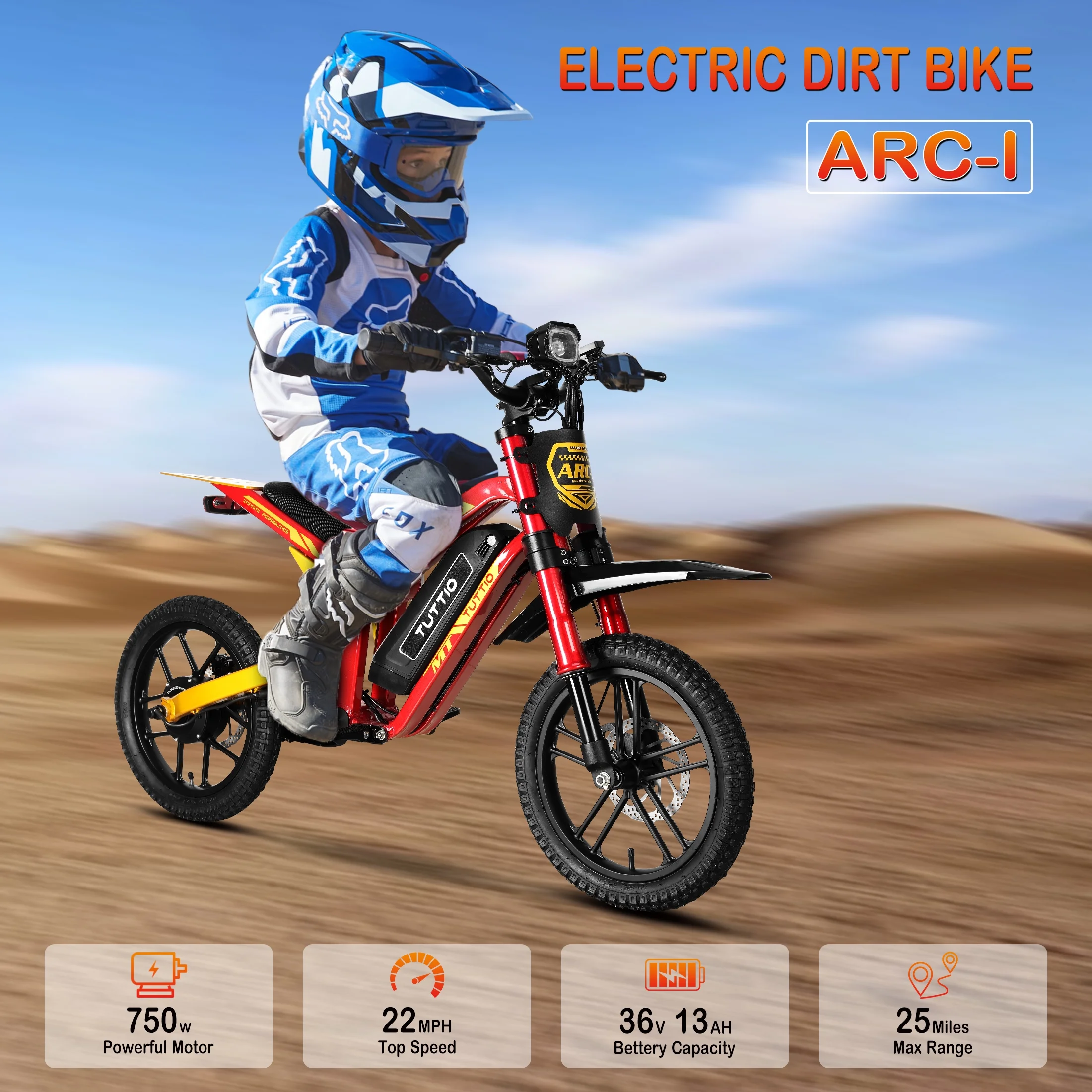 TUTTIO ARC-1 750W Mini Electric Dirt Bike for Kids 8-14, 5-Speed Modes Electric Motorcycle, 22MPH, 16