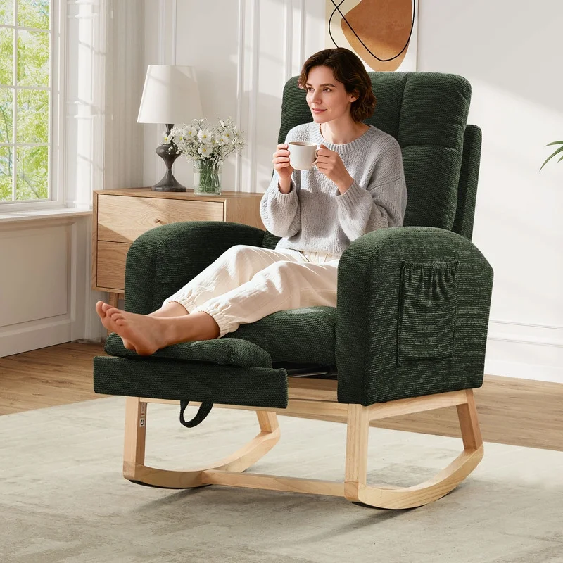 FFH Rocking Chair Nursery, Tufted Accent Rocker Chair, Upholstered Armchair with Adjustable Footrest, Side Pocket, High Backrest, Padded Seat, Polyester Blend (Retro, Dark Gray)