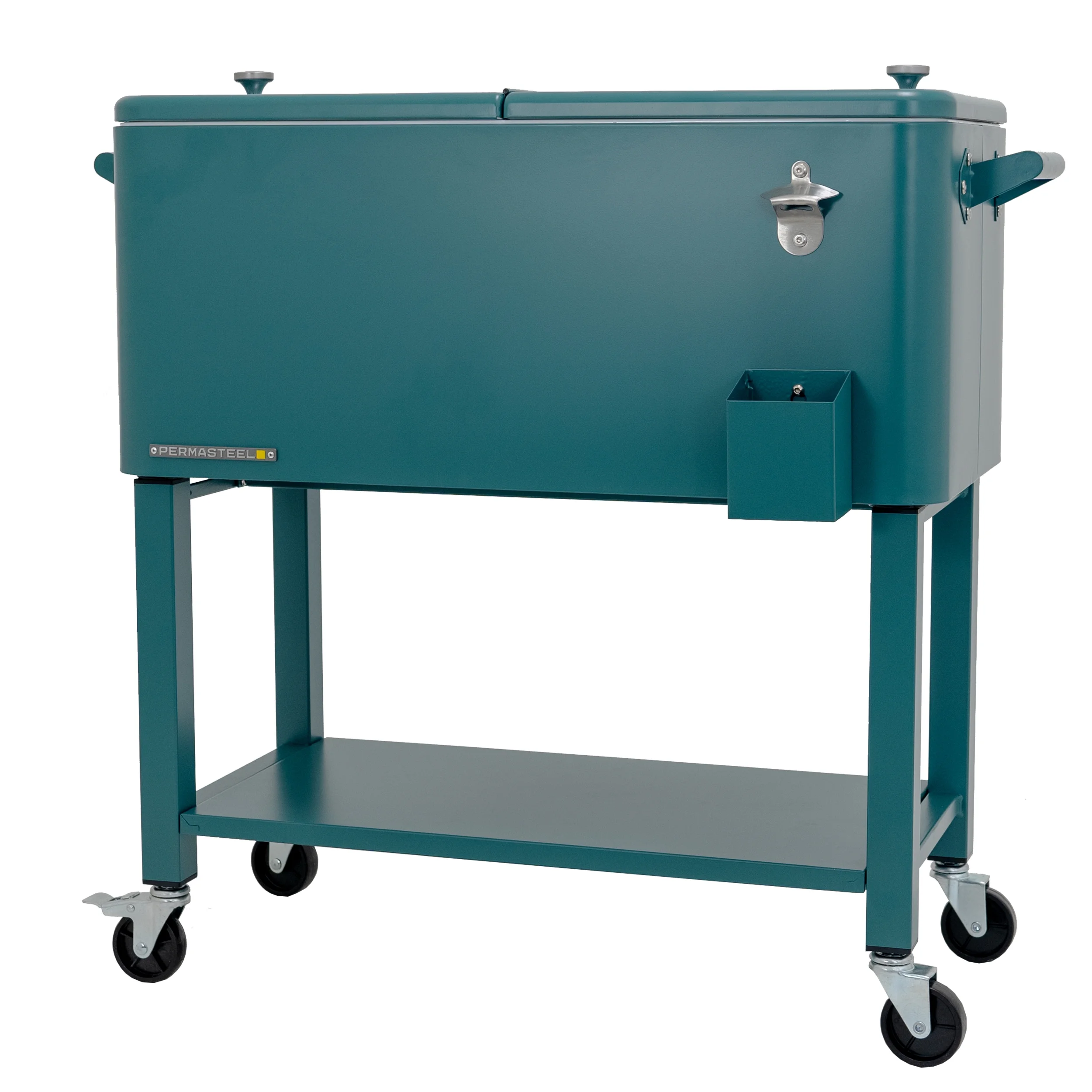 Permasteel 80-Qt Outdoor Steel Patio Cooler with Removable Basin, Rolling Cooler with Wheels, Teal Green