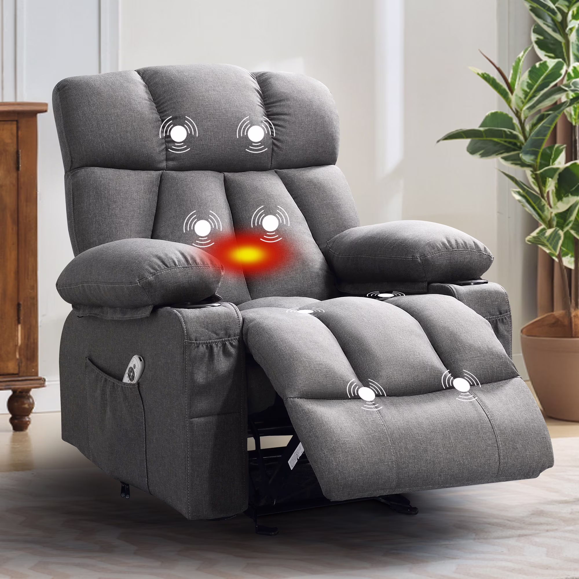 JONPONY Manual Recliner Chair with Heat Therapy and Massage Function, Heavy Duty Reclining Mechanism Massage Chair, Elderly Single Rocker Sofa with Cup Holders for Bedroom Home Theater,Grey
