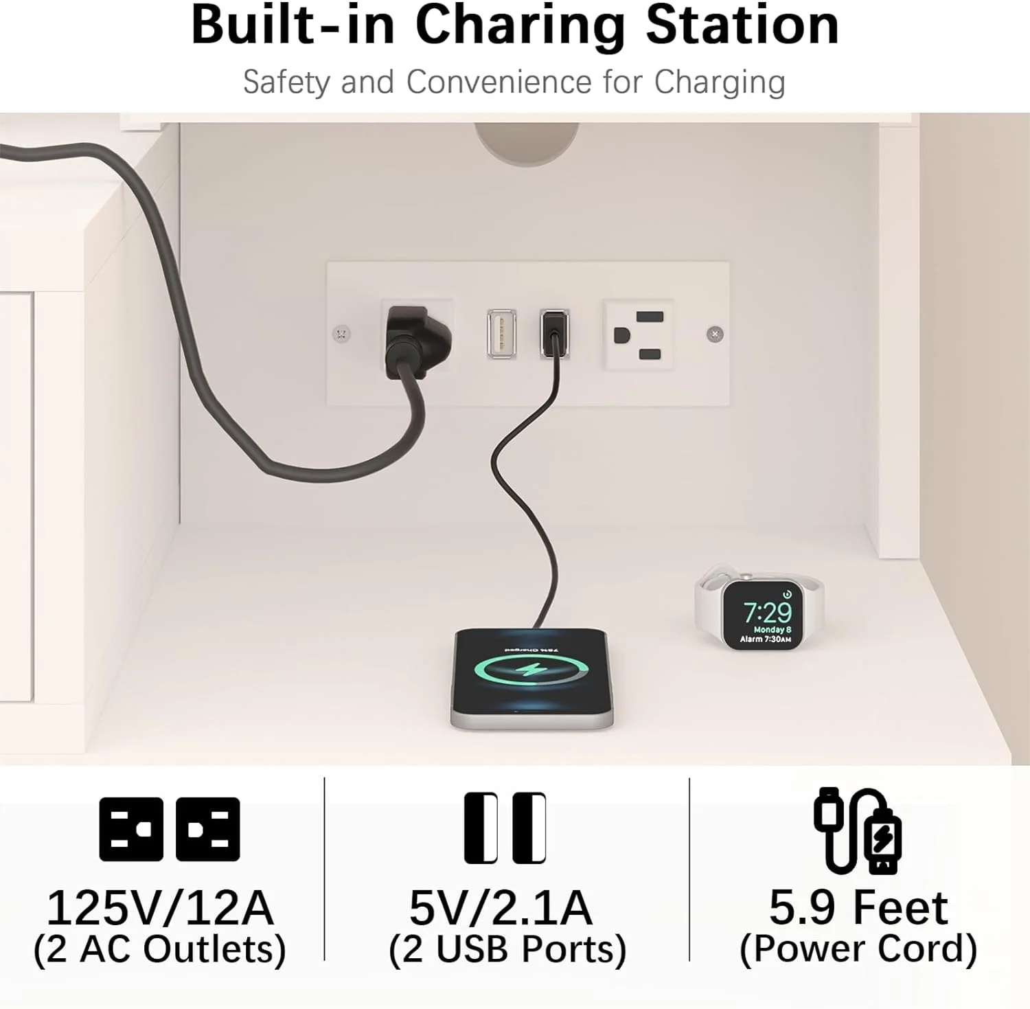Makeup Vanity Desk with Mirror and Lights, White Vanity Desk with Charging Station, LED Cabinet, 5 Drawers & Storage Bag, Vanity Mirror with Lights Desk and Chair, Vanity Table Set with Stool