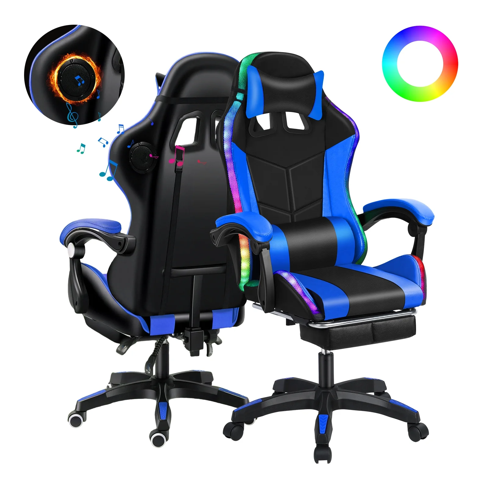 Happydeer Gaming Chair with Bluetooth Speakers and LED Lights Ergonomic Massage Video Game Chair with Footrest High Back with Lumbar Support Blue and Black