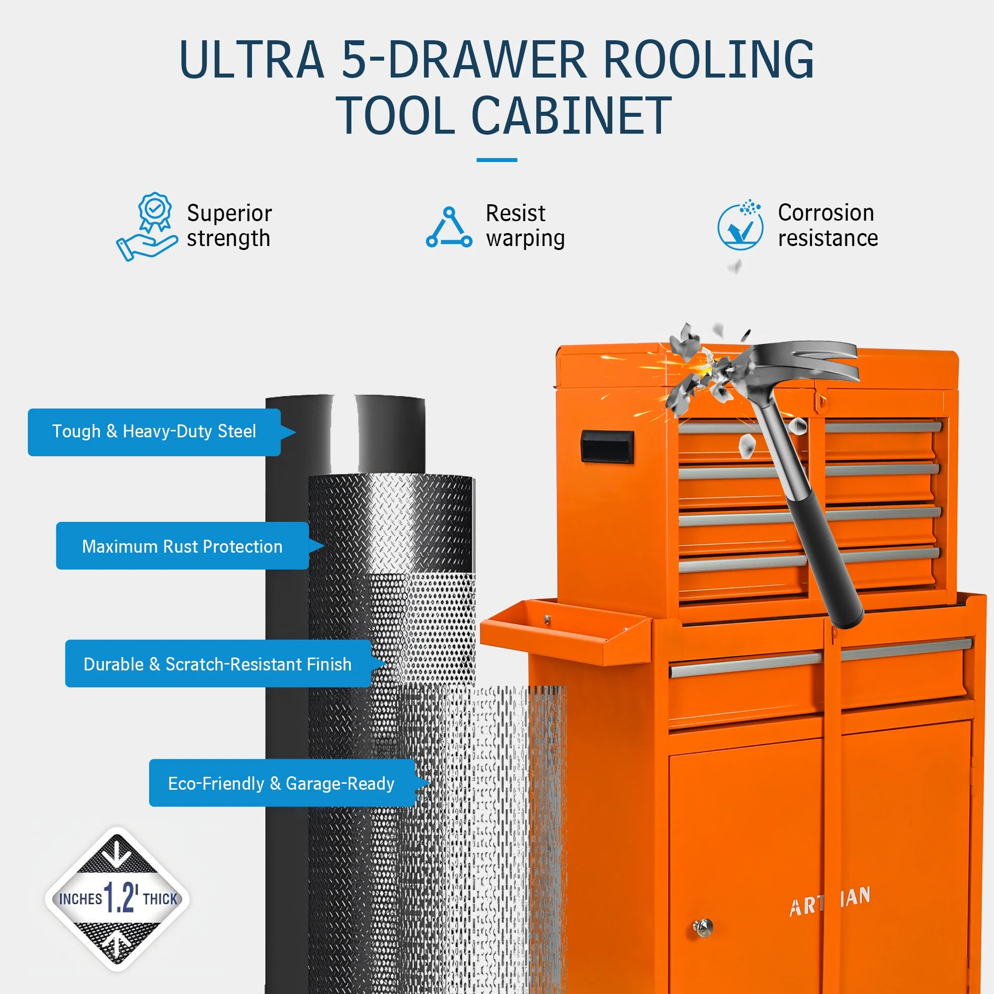 Tool Chest, 5-Drawer Rolling Tool Storage Cabinet with Detachable Top Tool Box, Universal Lockable Wheels