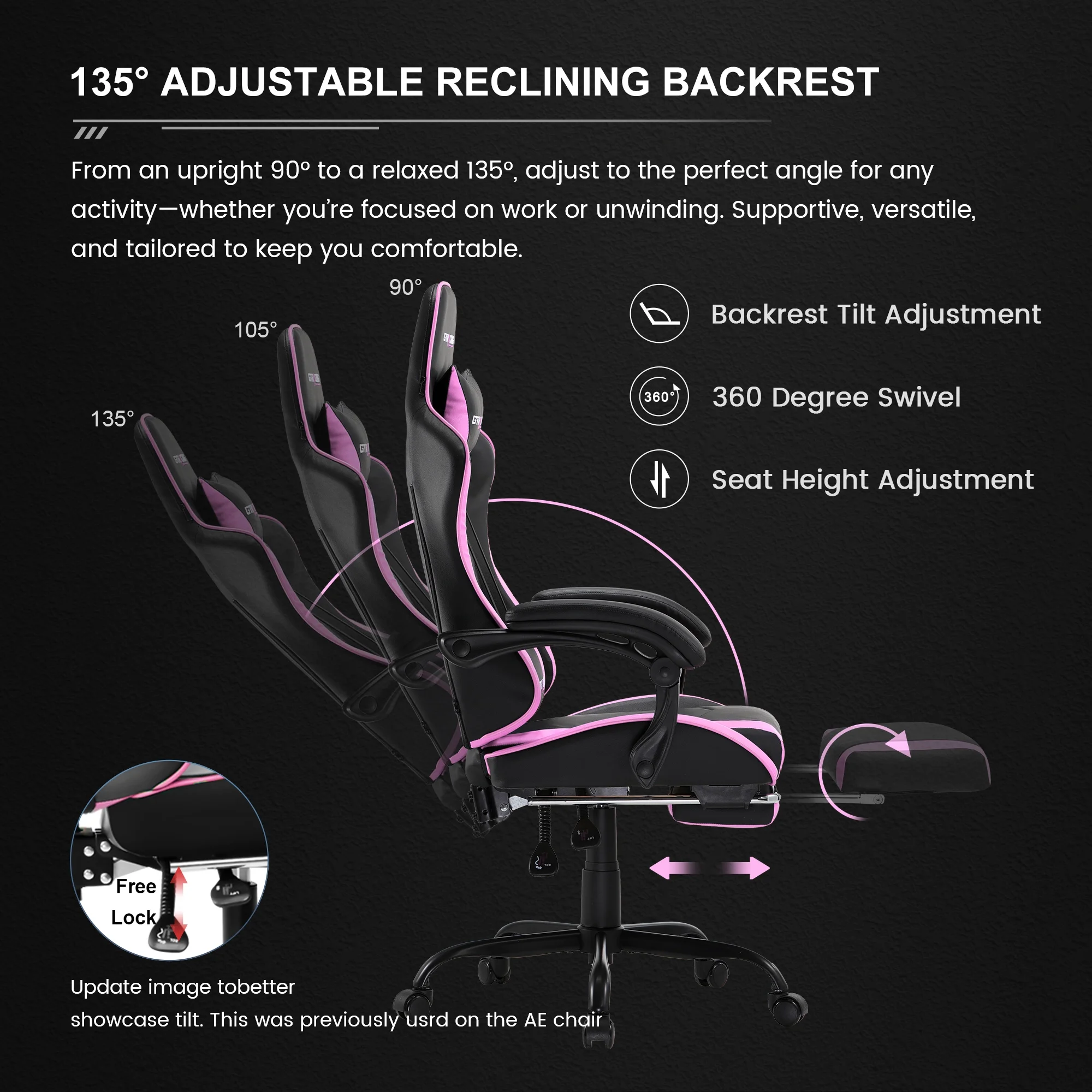 GTRACING GTWD-200 Ergonomic Gaming Chair with Adjustable Pillows and Footrest , Red