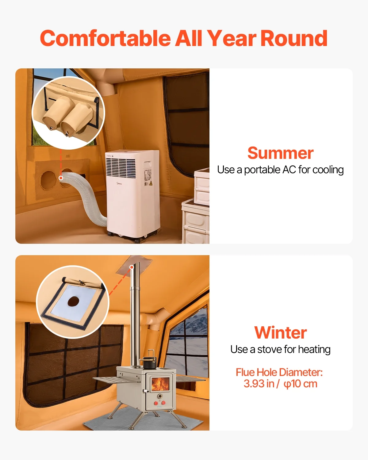 VEVOR Inflatable Tents for Camping,8-12 Person Easy Setup Blow up Tent with Hand Pump,4 Season Luxury Glamping Tent with 2 Skylights, Canopy,Stove Jack, 2 Doors & Mesh Windows(Include Storage Bag)