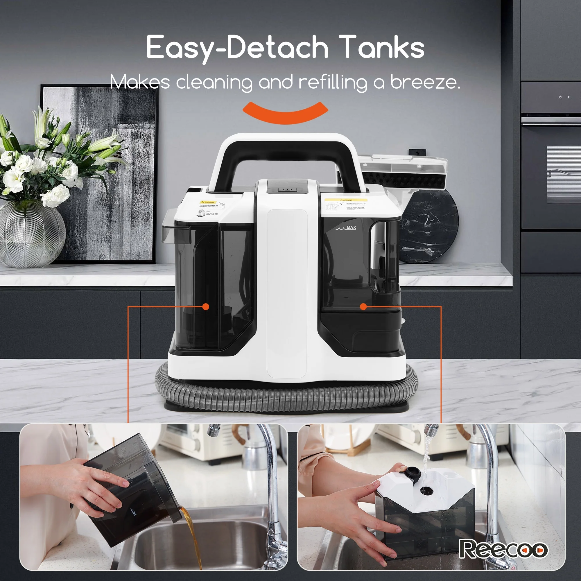 Reecoo W1 Wet/Dry Handheld Carpet Steamer and Upholstery Cleaner with Brushes for Couch, Carpet