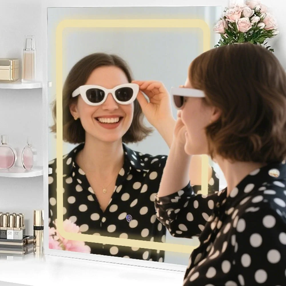 Kadyn Vanity Desk with Lighted Mirror, Vanity Table and Chair Set with 2 Drawers, Dressing Table Makeup Desk with 1 Door, Retro Gray