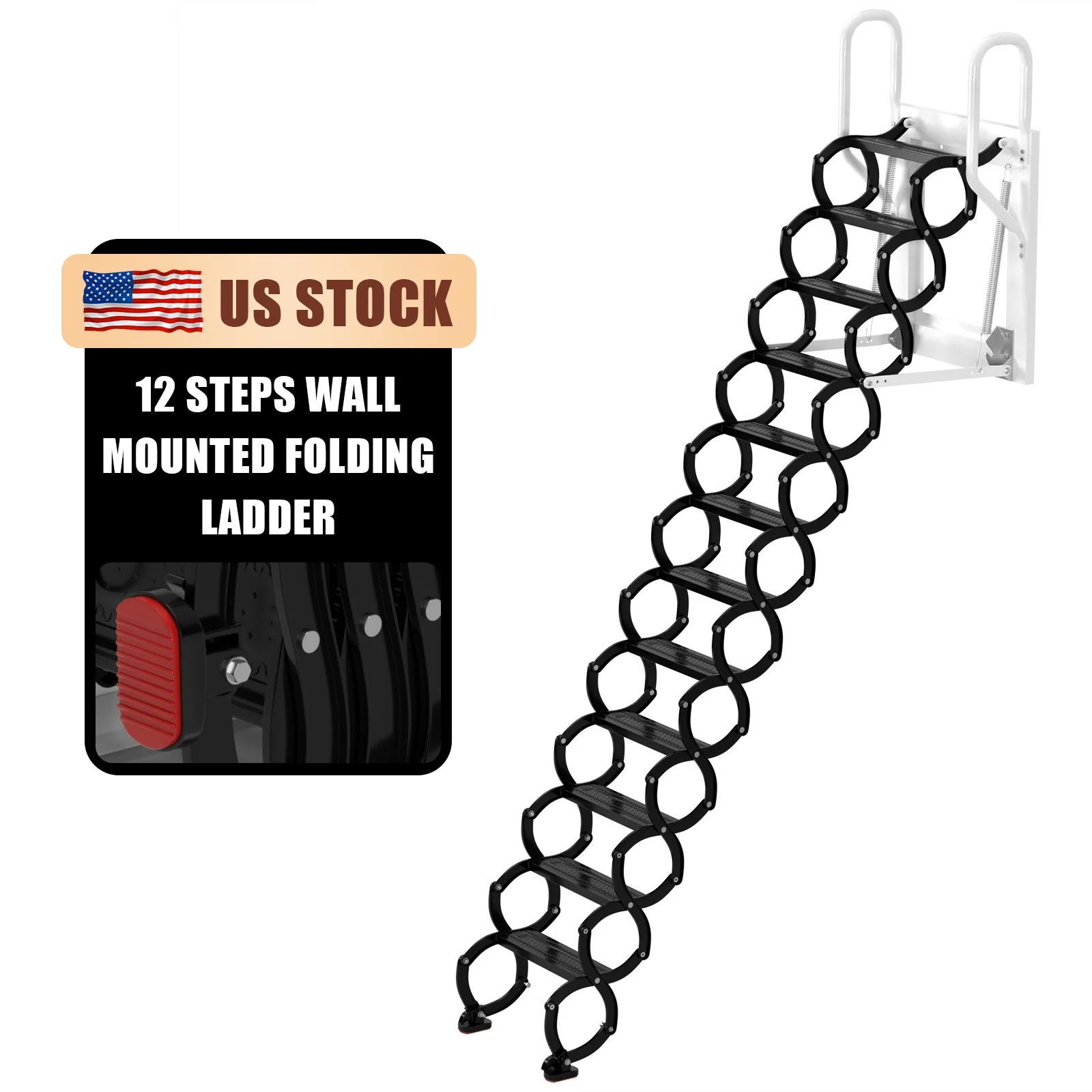 Mad Hornets Wall Mounted Folding Ladder Black Loft Attic Stairs Pull down 12 Steps