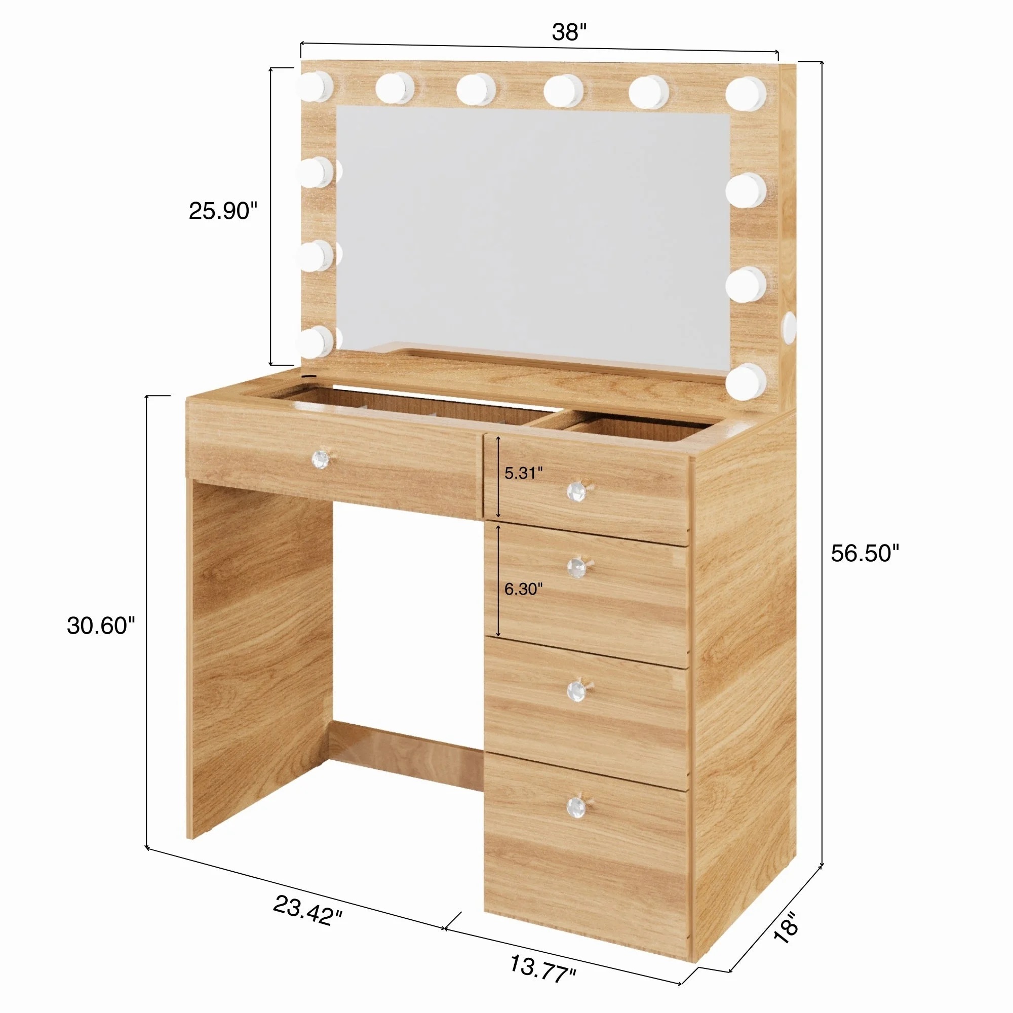 Ember Interiors Ghada Modern Brown Makeup Vanity Desk with Built-in Lights and USB Port for Bedroom