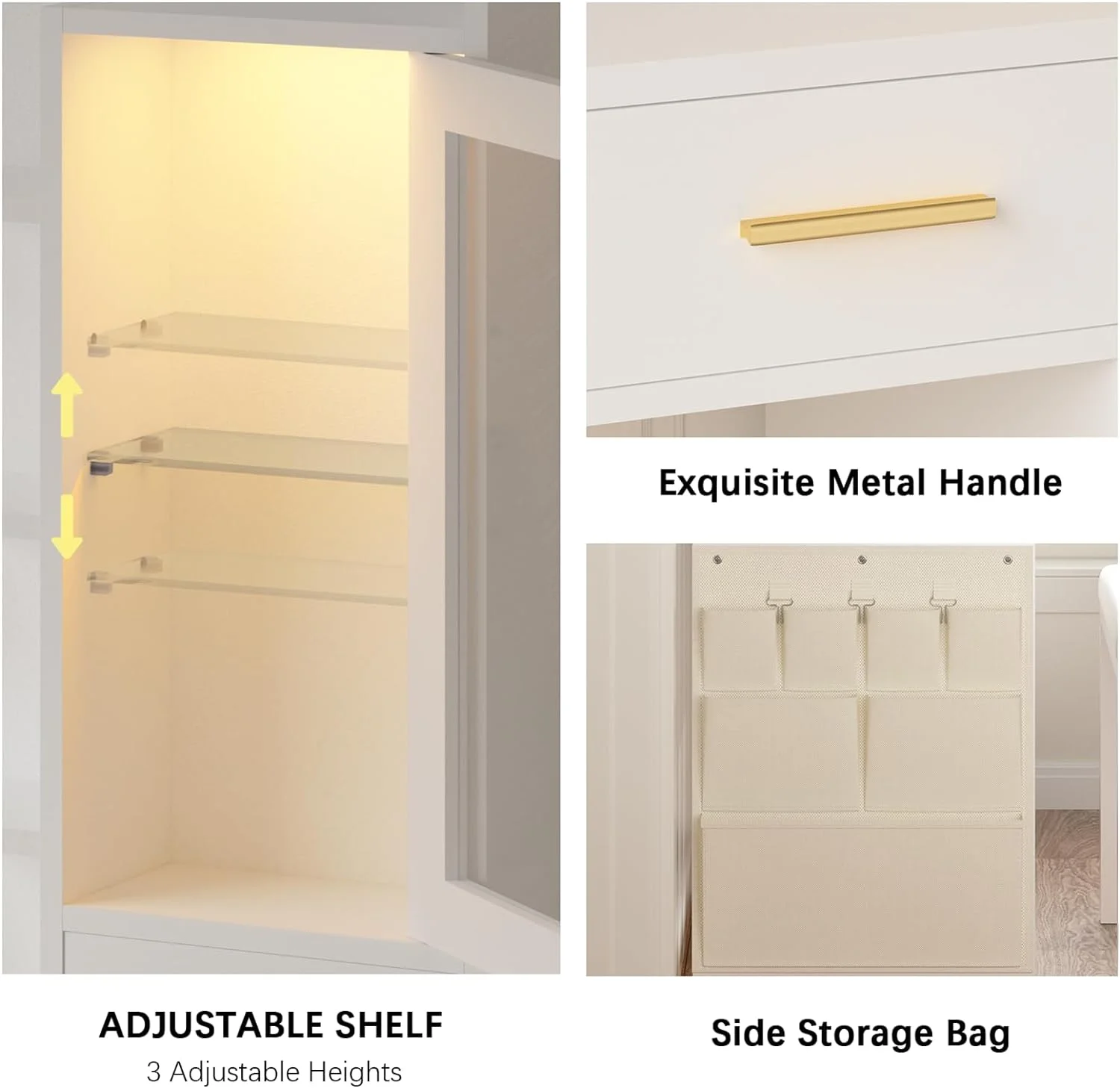 Makeup Vanity Desk with Mirror and Lights, White Vanity Desk with Charging Station, LED Cabinet, 5 Drawers & Storage Bag, Vanity Mirror with Lights Desk and Chair, Vanity Table Set with Stool