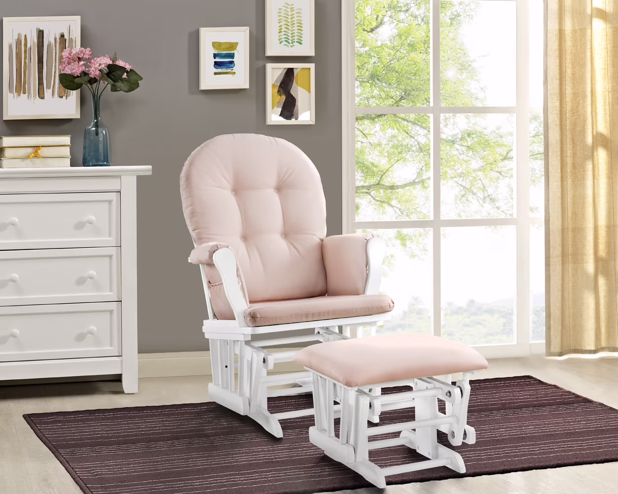 Angel Line Windsor Glider and Ottoman, Natural Finish with Gray Cushions