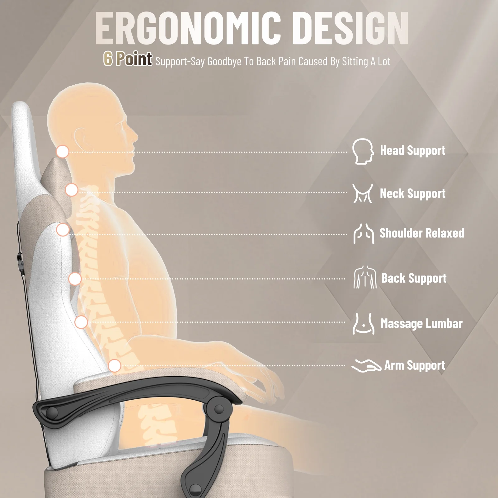 SOONTRANS Gaming Chair for Adults, Ergonomic Linen Fabric Computer Chair with Massage Lumbar Pillow, Gamer Game Chair with Adjustable Headrest, Comfortable Office Chair for Home, White