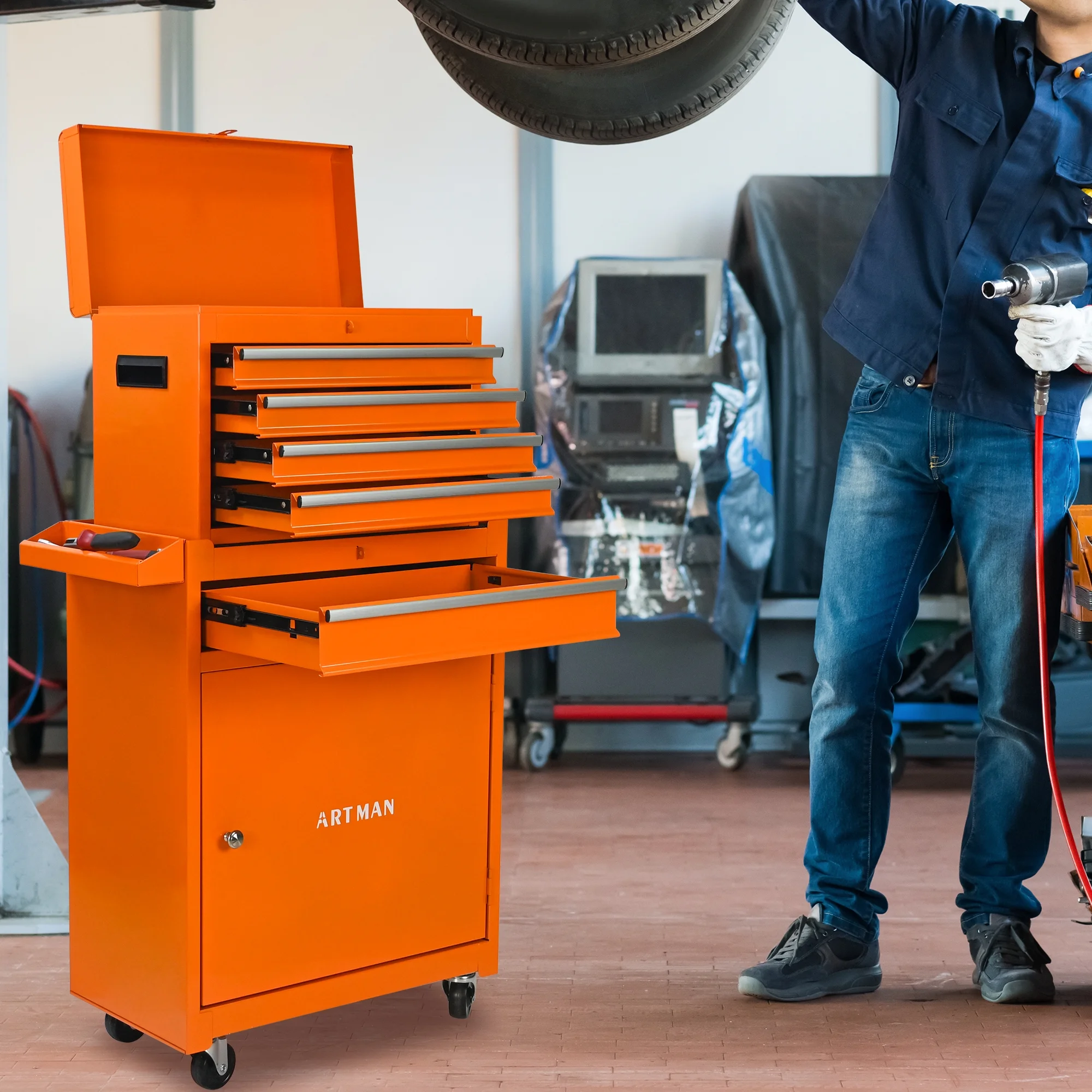 Tool Chest, 5-Drawer Rolling Tool Storage Cabinet with Detachable Top Tool Box, Universal Lockable Wheels