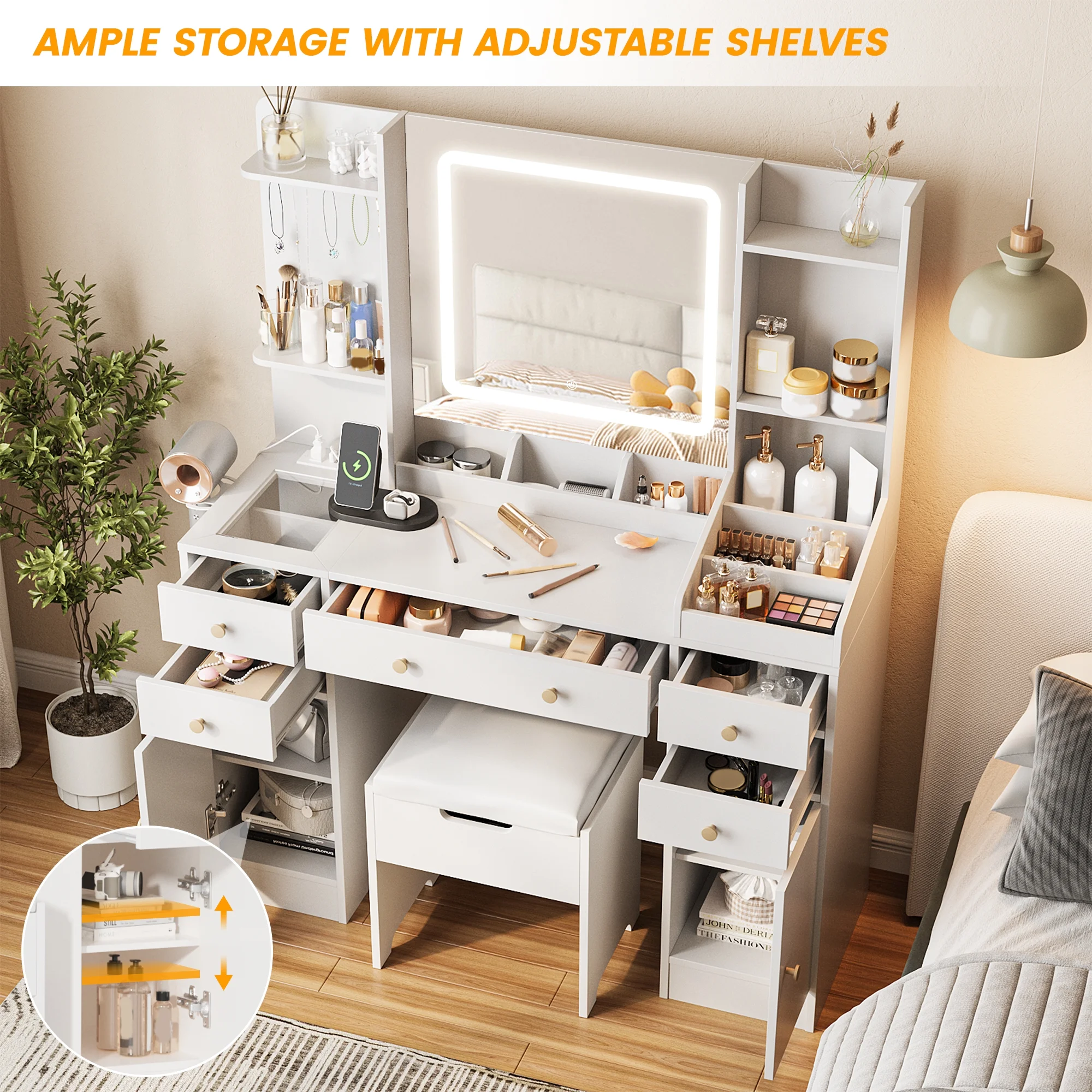 Vanity Set with Mirror and Lights, Makeup Table with Charging Station,5 Drawers & Storage Shelves, White