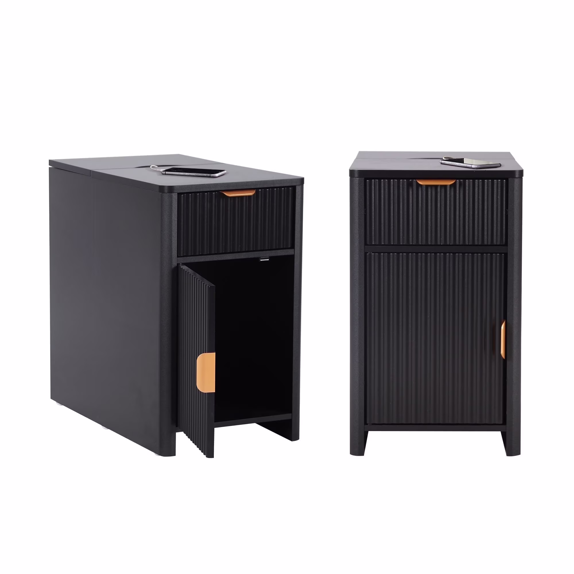 YOCWO Fluted Nightstand for Bedroom Set of 2 , Wood Bedside Table Set of 2 with Drawers, Black