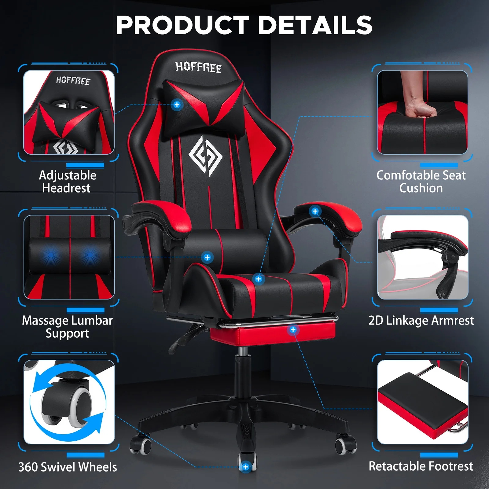 Hoffree Gaming Chair Massage Game Chair with Footrest and Massage Lumbar Support Ergonomic Computer Chair Height Adjustable with Swivel Seat and Headrest