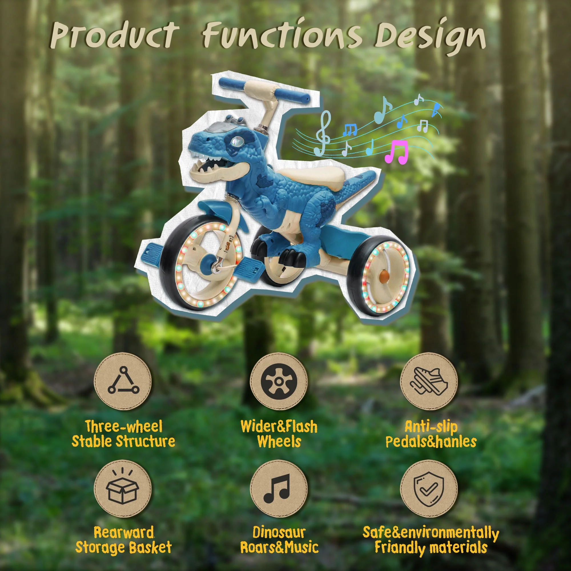 Xuanlur Kids Ride on Dinosaur Tricycle, Toddlers Kid Trike with Wide Flash Wheels, Anti-Slip Pedals, Rear Basket, Music & LED Lights, Toddler Bike Toys Gift for 3-6 Year Old Boys & Girls (Green)