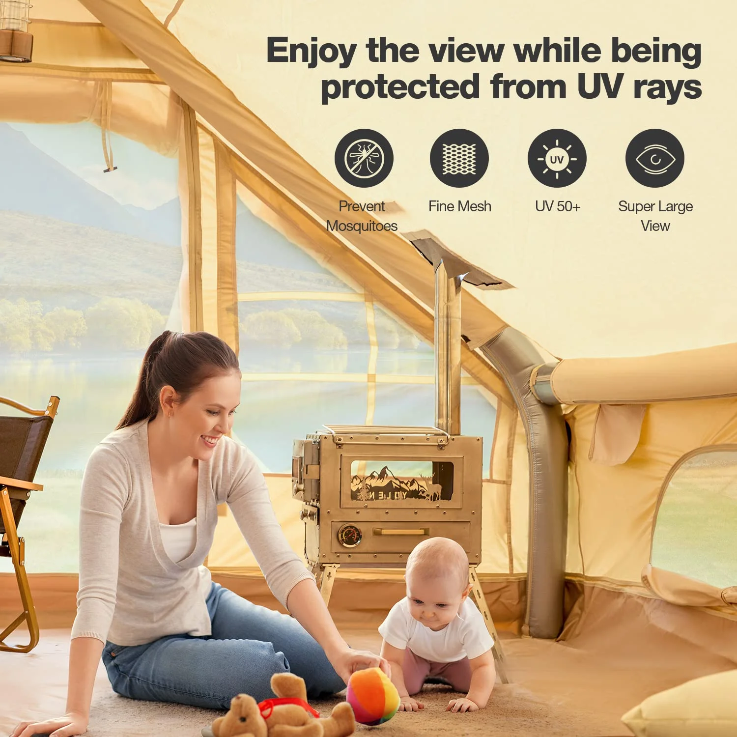 Yoleny 12'x8' Inflatable Tent, 96 SFT Blow Up Tent for Camping, 4 Season Oxford Glamping Tents with Clear Skylight, Pump & Stove Jack