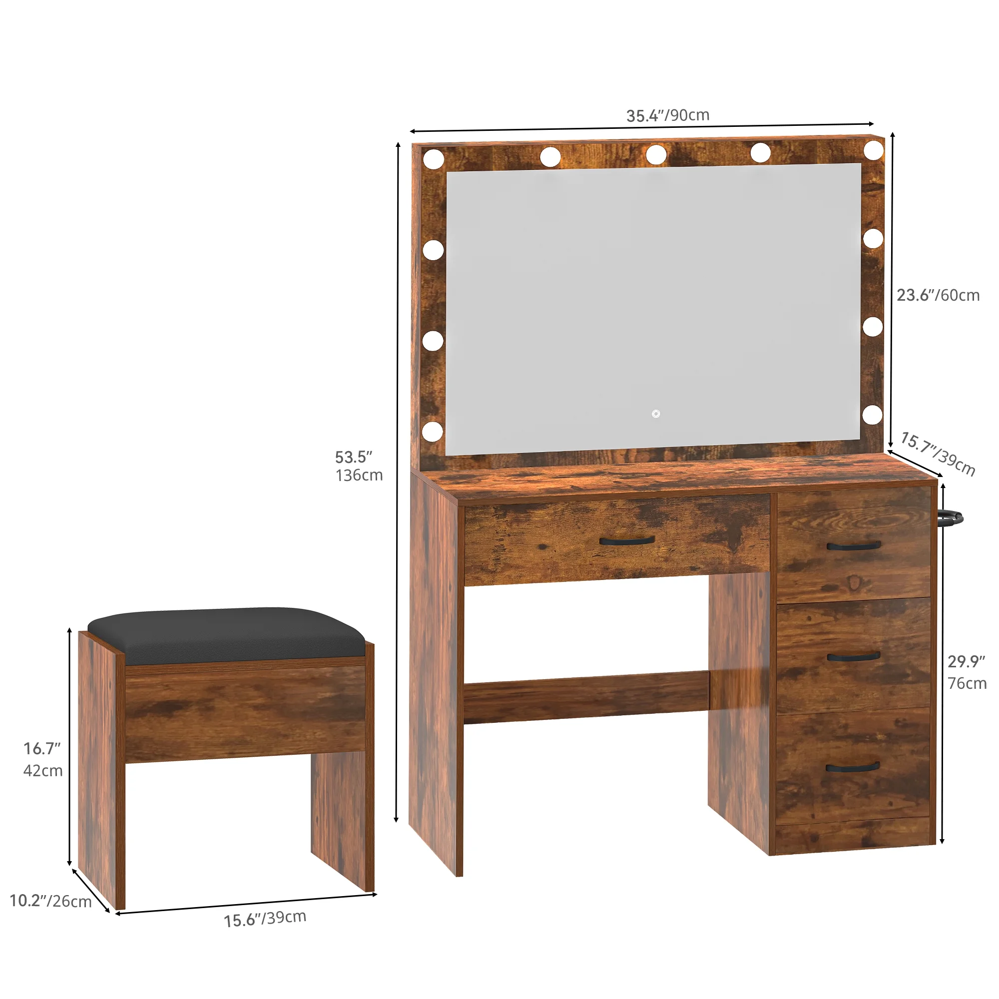 Dextrus Makeup Vanity Desk with Large Lighted Mirror and Storage - Enhance Your Beauty, Routine 4 Drawer Vanity Table with Cushioned Stool, Milky-White