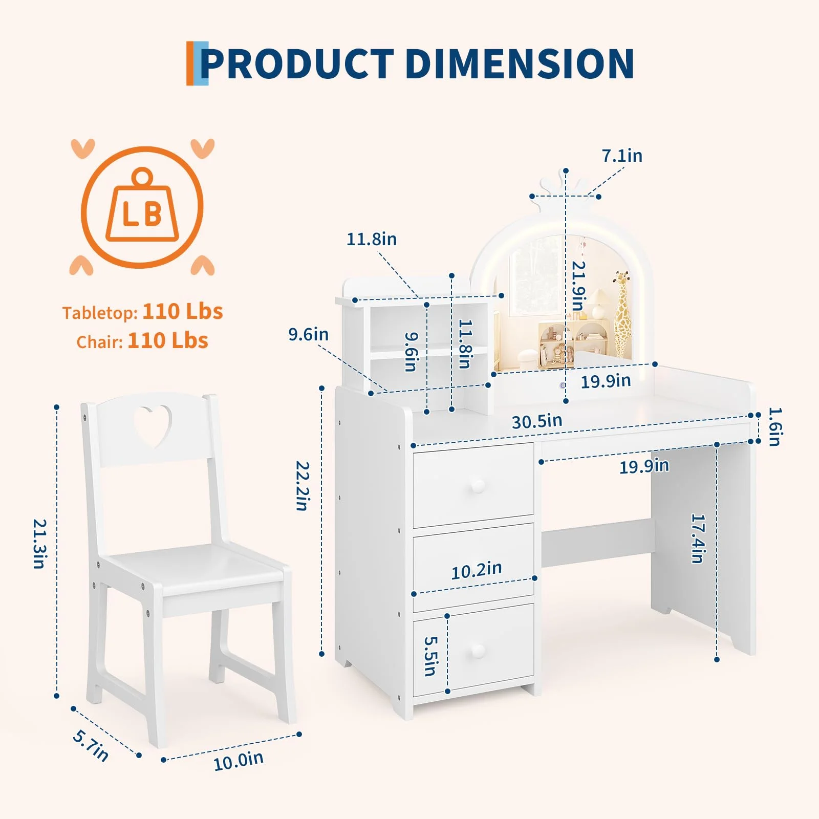Yeshouse Princess Girls Makeup Vanity Table Set with Storage & Lights