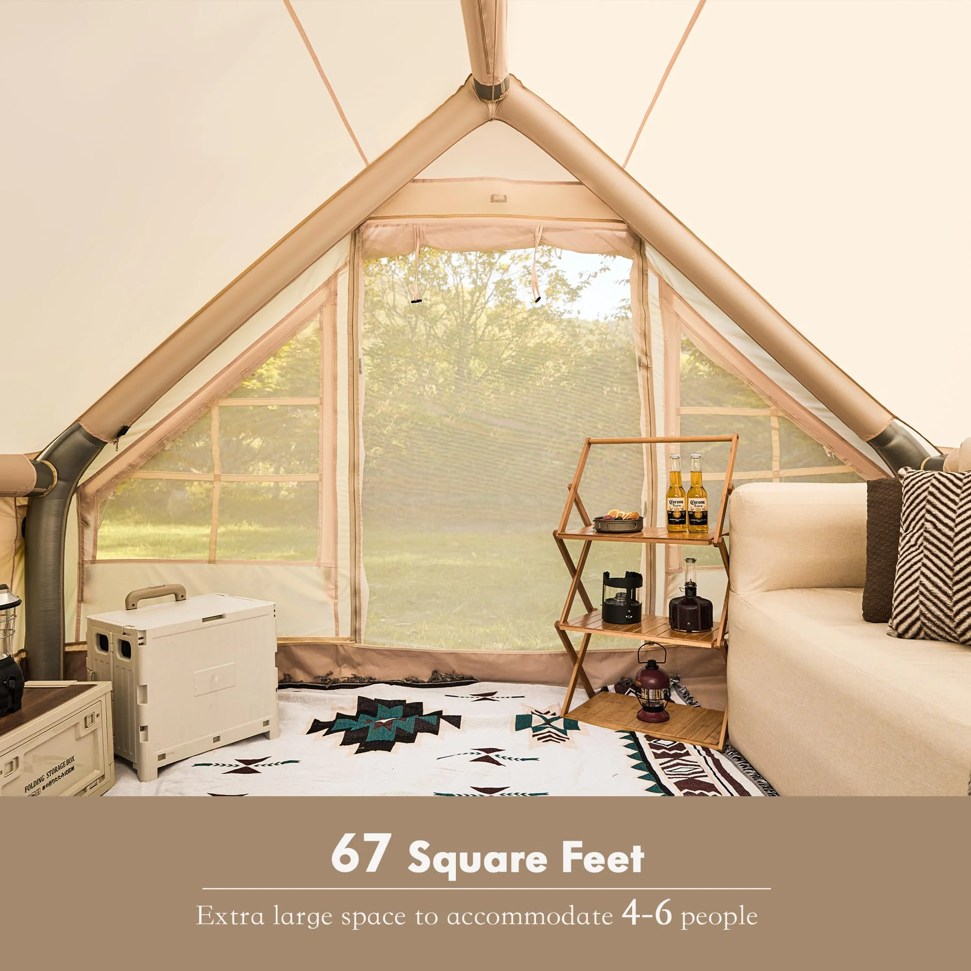 Yoleny 12'x8' Inflatable Tent, 96 SFT Blow Up Tent for Camping, 4 Season Oxford Glamping Tents with Clear Skylight, Pump & Stove Jack