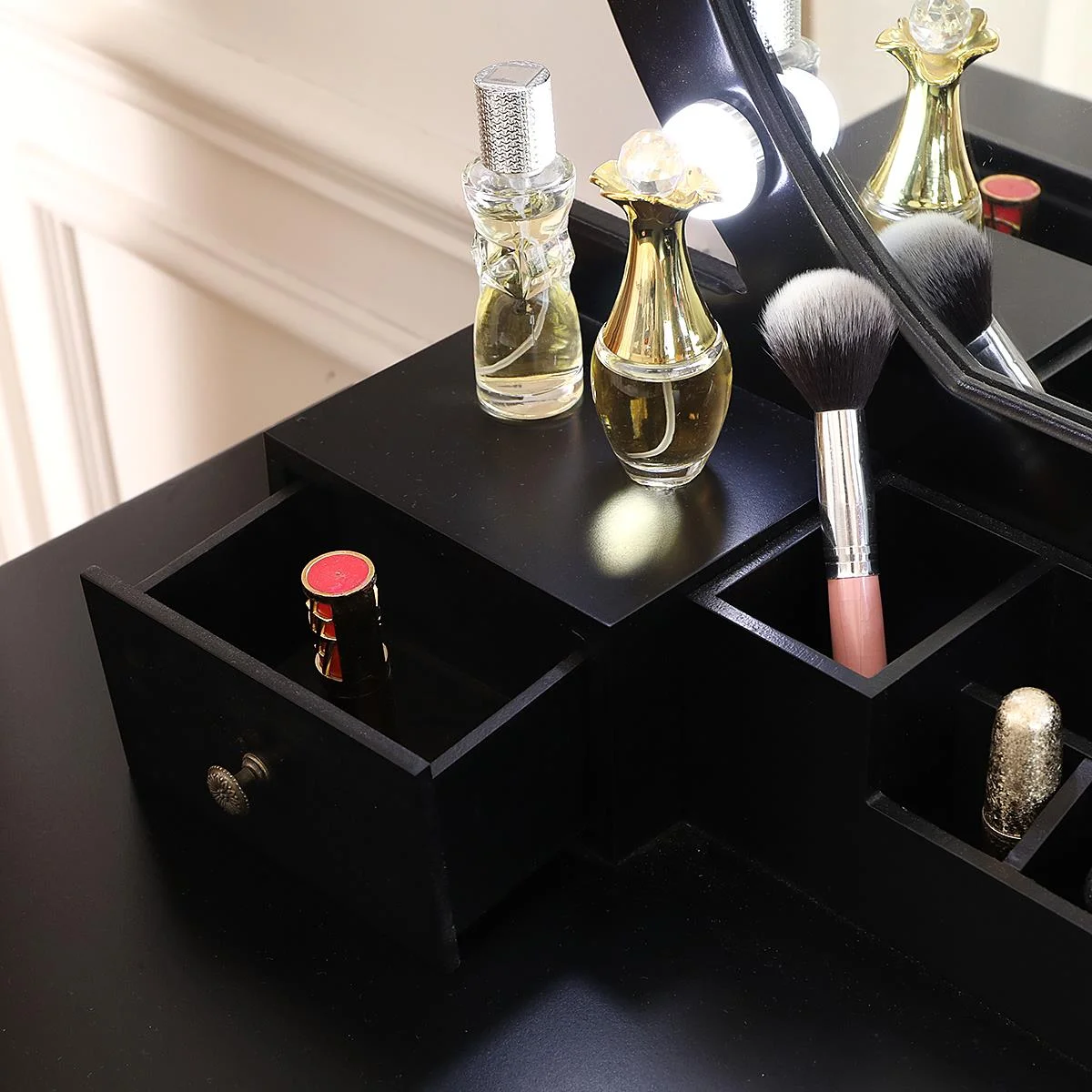 Ktaxon Vanity Set with Round Lighted Mirror, Makeup Dressing Table with 8 Light Bulbs & Cushioned Stool Set,Bedroom Vanities Set Black