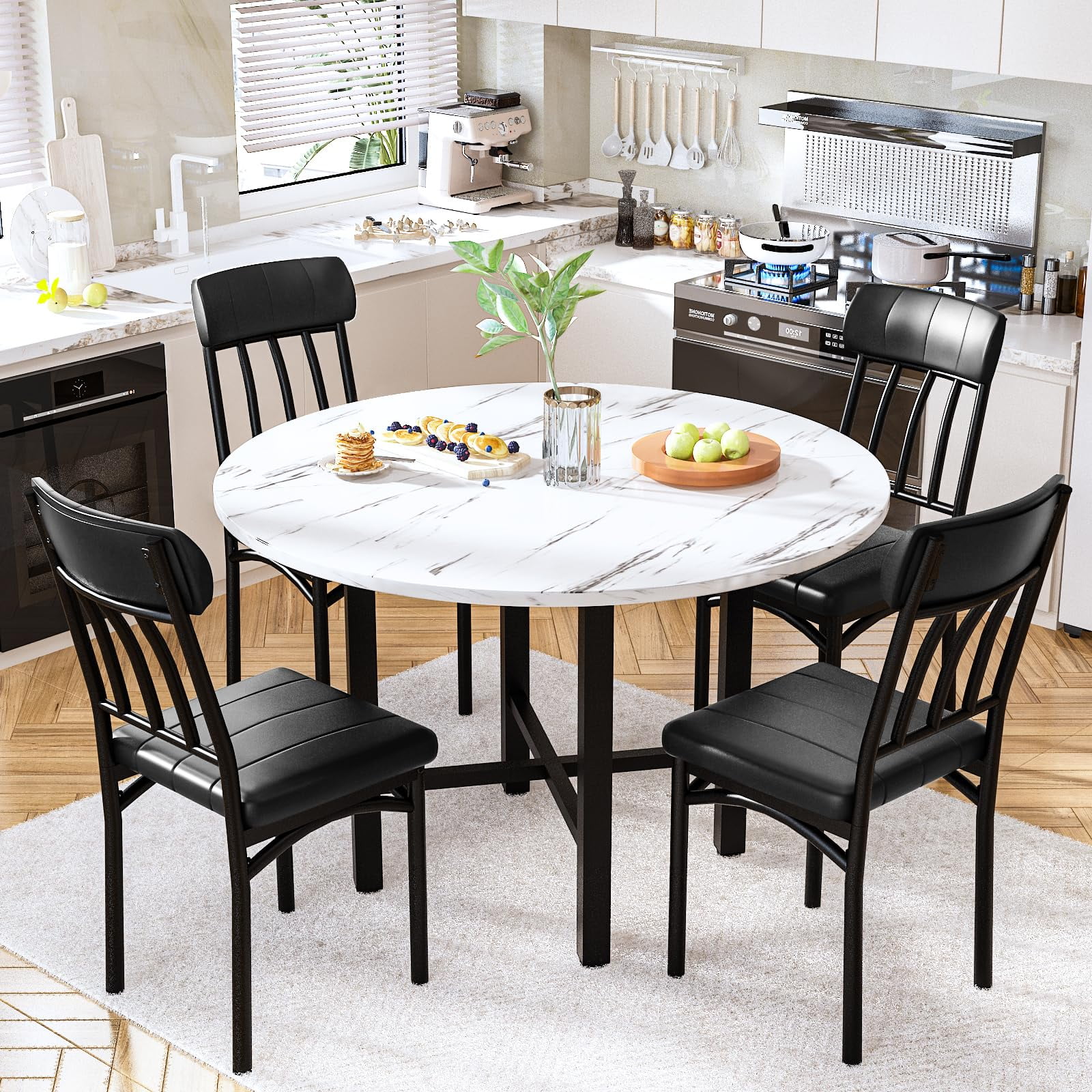 Furlinkhm Round Dining Table Set for 4, Wood Round Kitchen Table and Chairs Set for 4, Modern Dining Room Table Set with 4 Faux Leather Chairs, Round Dinner Table for Small Space, Walnut