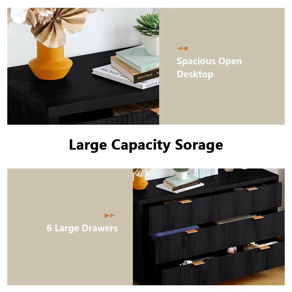 YOCWO Fluted Nightstand for Bedroom Set of 2 , Wood Bedside Table Set of 2 with Drawers, Black