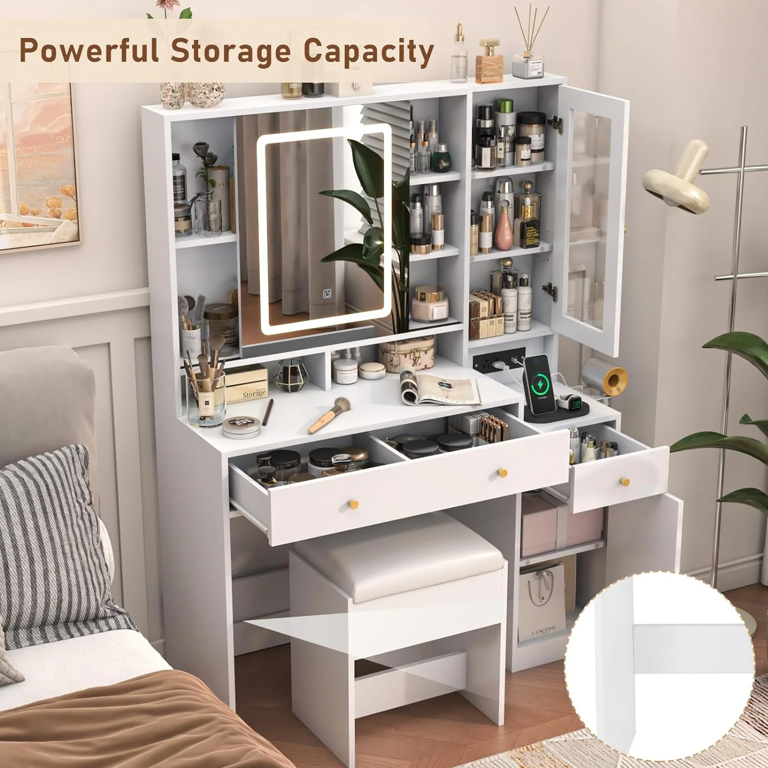 White Vanity Desk with Sliding Mirror & Lights, Vanity Table Makeup Desk with Charging Station 2 Drawers 2 Doors, Lots of Storage Shelves, Large Vanity Set with Cushioned Stool