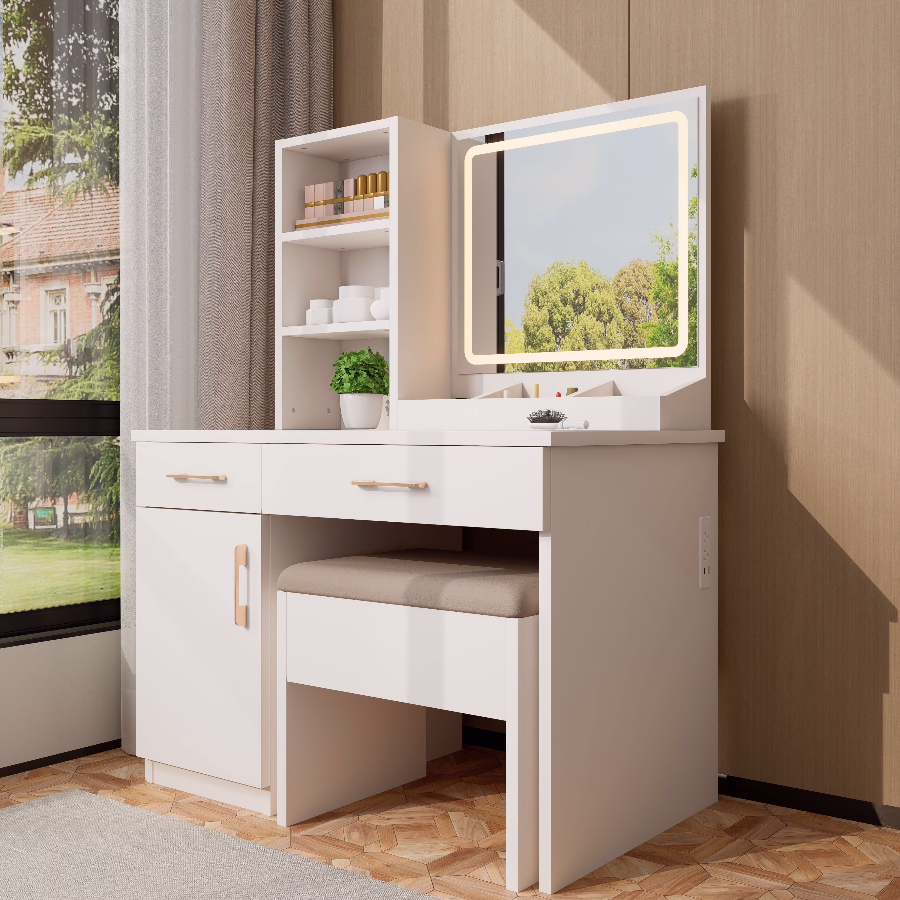 Furnibear Vanity Desk Set with Mirror and Light, Makeup Table with 2 Drawers and Cabinet, Power Outlet and 3 Color Modes Brightness Adjustable