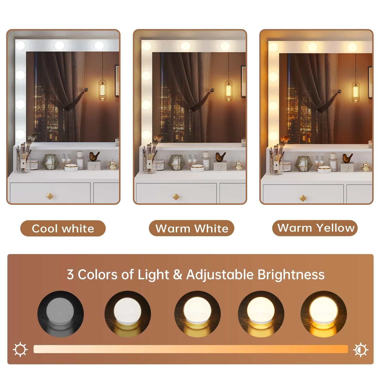 Afuhokles Large Makeup Vanity with Lights, Vanity Table with Charging Station Vanity Desk with Mirror and 10 LED Light Bulbs, 5 Drawers, White