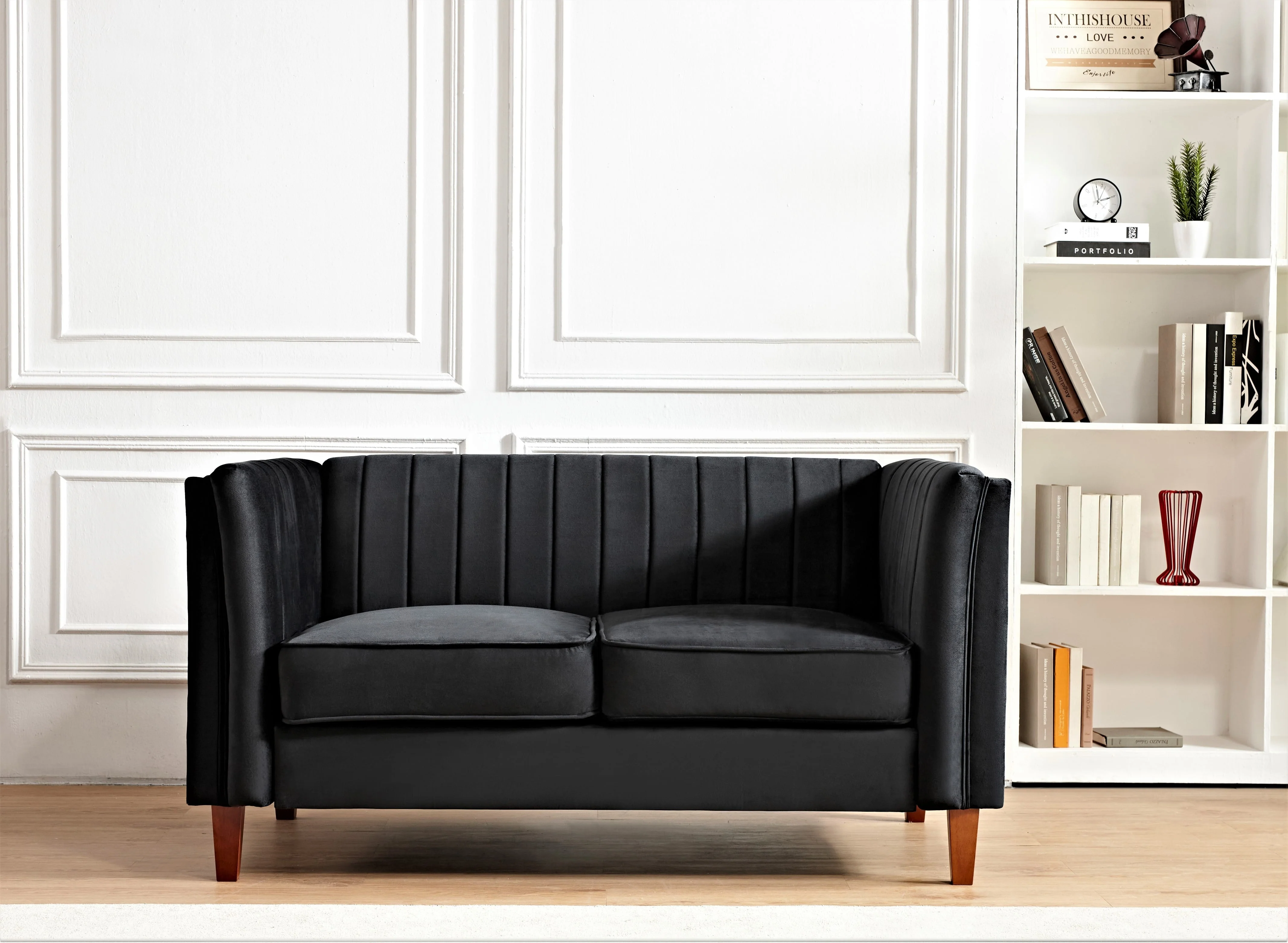 Uspridefurniture Plainfield Line Tufted Square Velvet Loveseat,Black