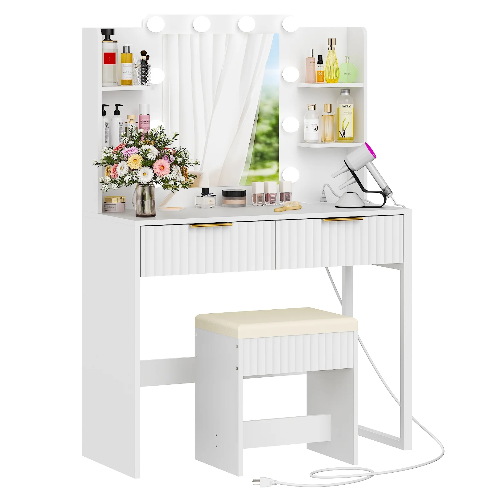 Ktaxon Lighted Makeup Vanity, White Vanity Table Set with 2 Drawer and Charging Station, Femal Gift