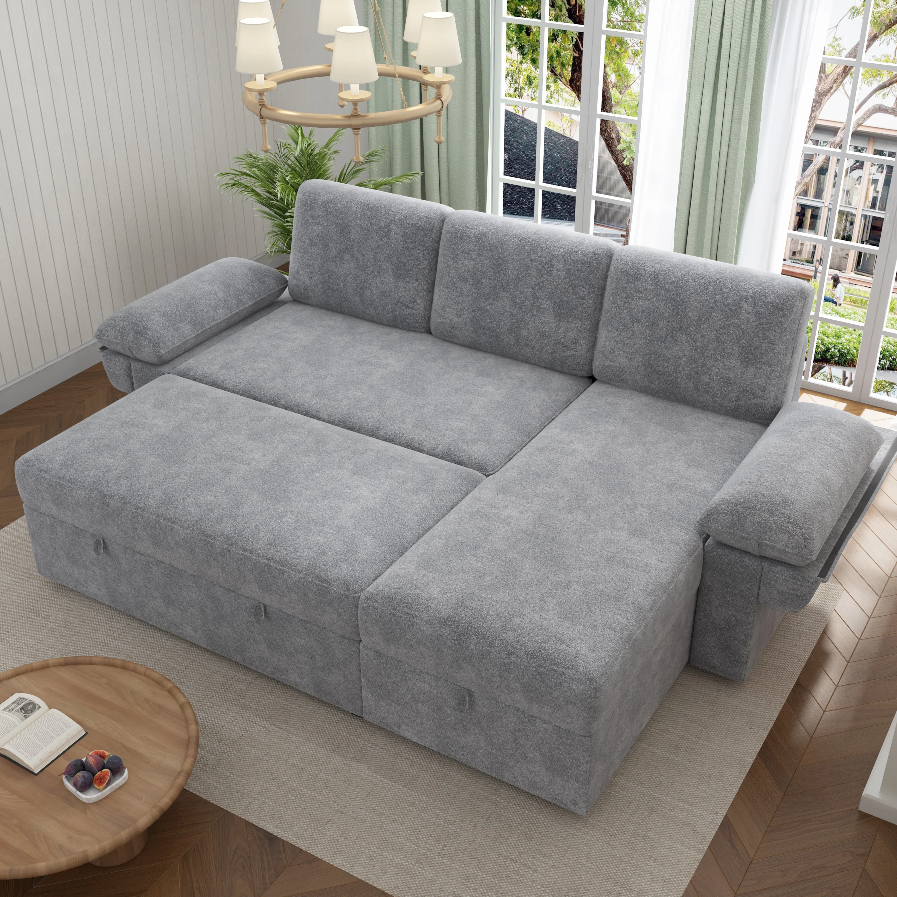 VANACC Sofa Bed, Adult Sleeper Sofa with Storage Chaise, Pull Out Couch for Bed Room, Gray Chenille