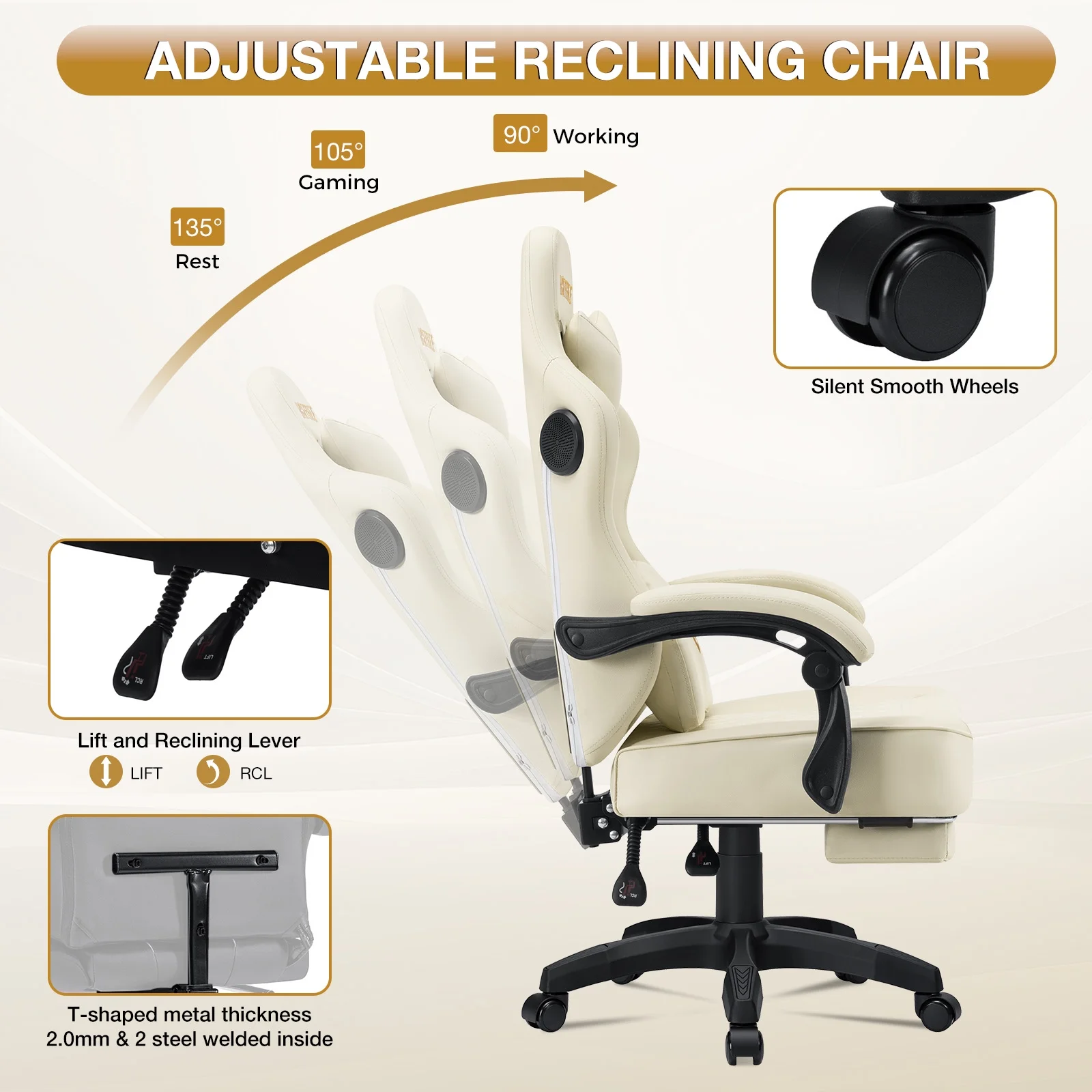 Hoffree Gaming Chair with Speakers PU Gamer Chair with footrest and massage Egonomic Computer Game Chair with Headrest and Lumbar Support for Adults and Office Gaming, 440 LBS