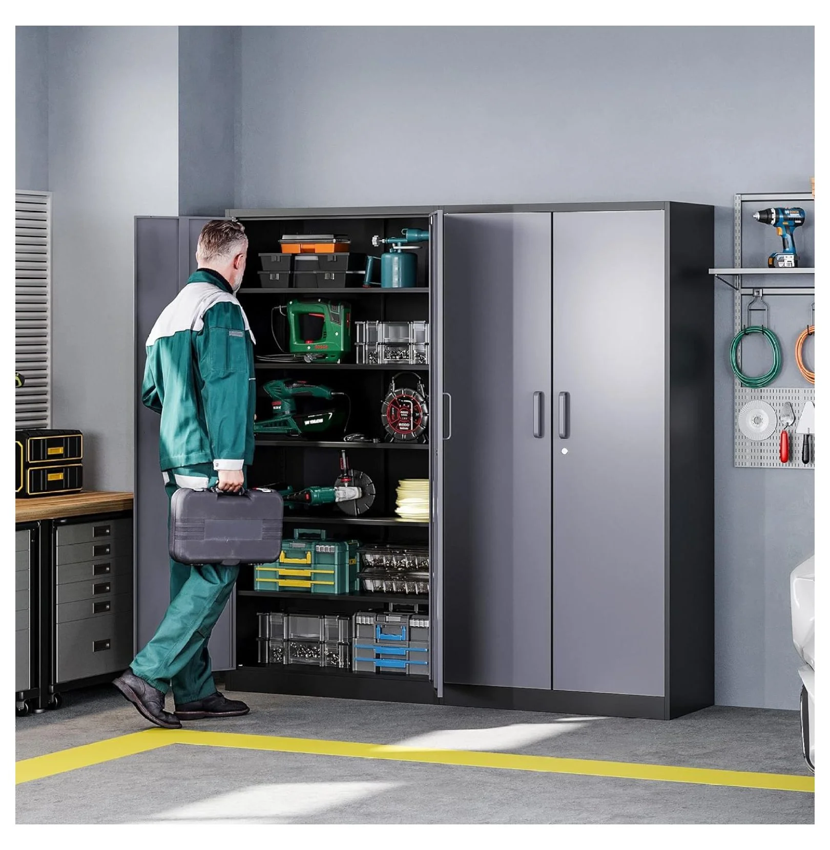 KriKac Metal Storage Cabinets with Lock Doors,Tall Locker Organizer Steel Garage Cabinets, 5 Adjustable Layers Shelves for Home, Office, Warehouse,Tool,Industrial(Black)